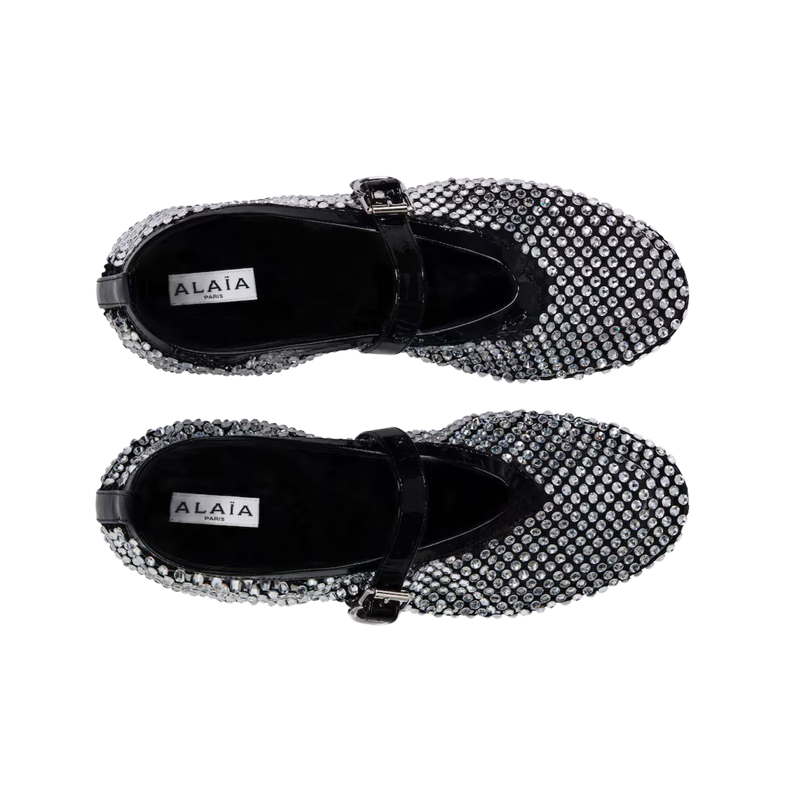 (W) 알라이아 발레 플랫 피쉬넷 스트라스 블랙((W) Alaia Ballet Flats in Fishnet and Strass Black) - 2