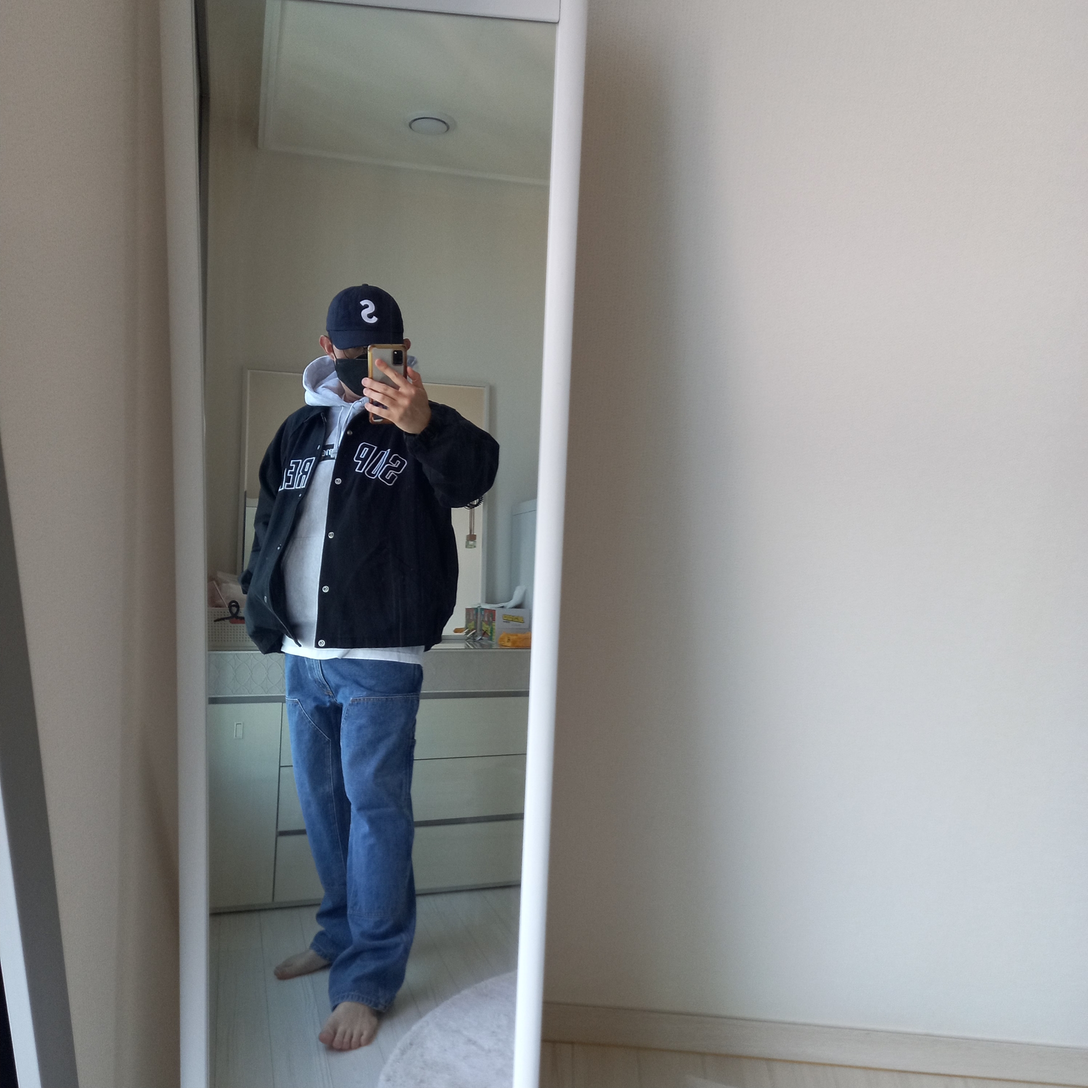 Supreme Arc Denim Coaches Jacket Black - 24SS, Supreme Seersucker S Logo 6-Panel Black - 24SS 착용 스타일 - 2