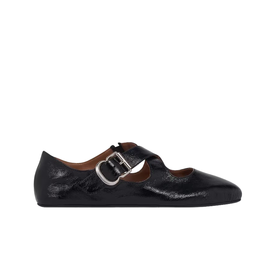 (W) 알라이아 크리스 크로스 발레 플랫 페이턴트 카프스킨 블랙((W) Alaia Criss Cross Ballet Flats in Patent Calfskin Black)