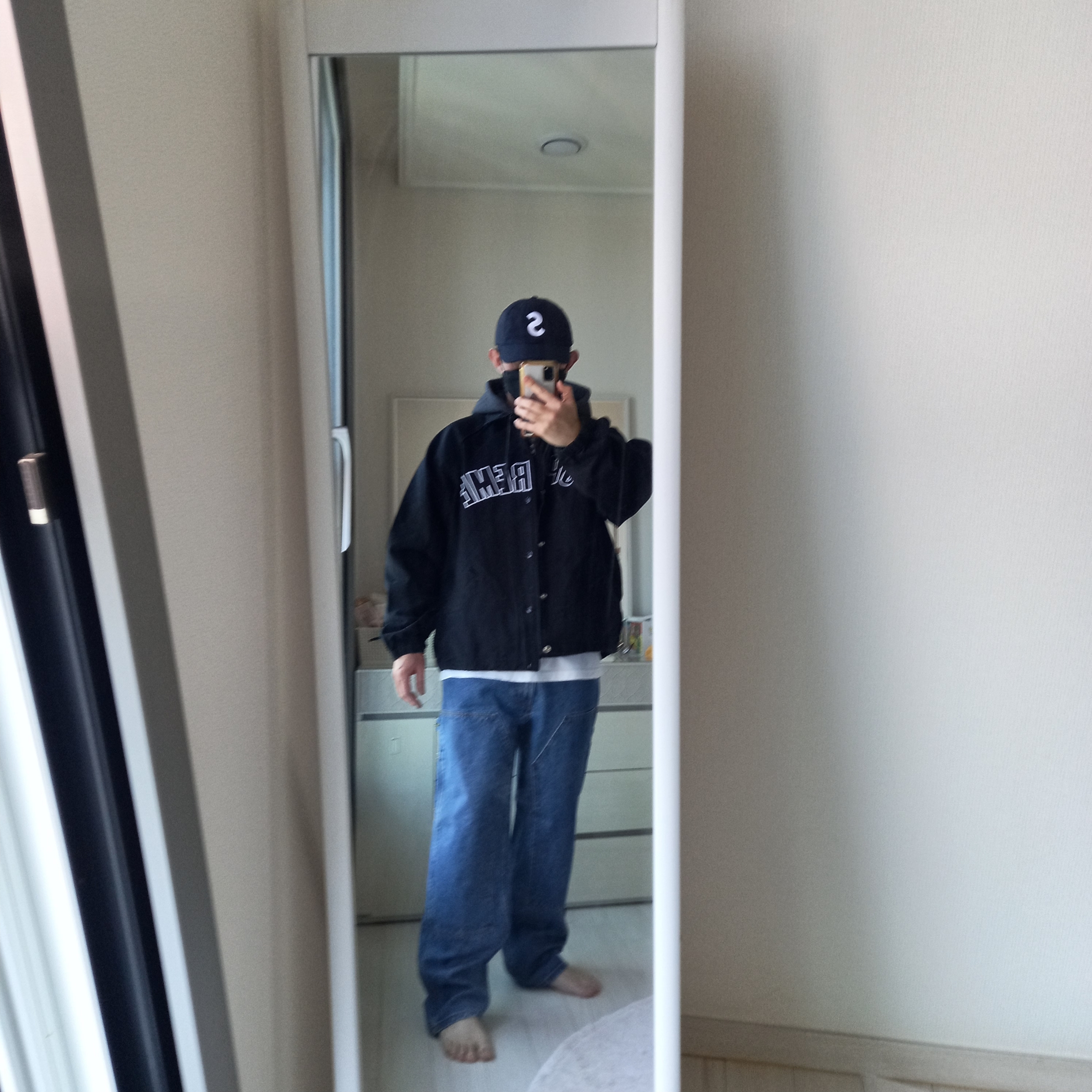 Supreme Arc Denim Coaches Jacket Black - 24SS, Supreme Double Knee Painter Pant Washed Indigo - 24SS 착용 스타일 - 3