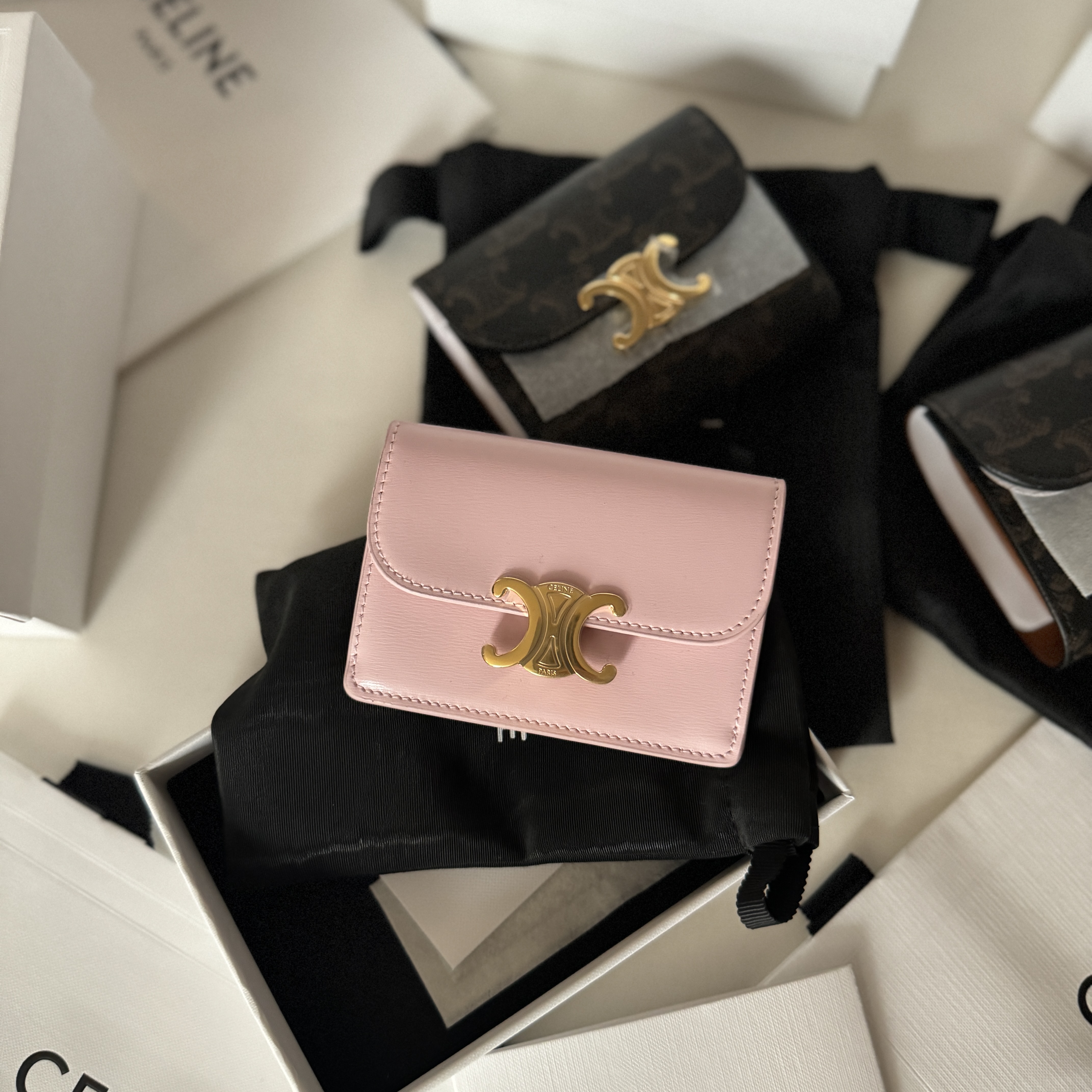 Celine Card Holder with Flap Triomphe in Shiny Calfskin Pastel Pink 착용 스타일 - 1