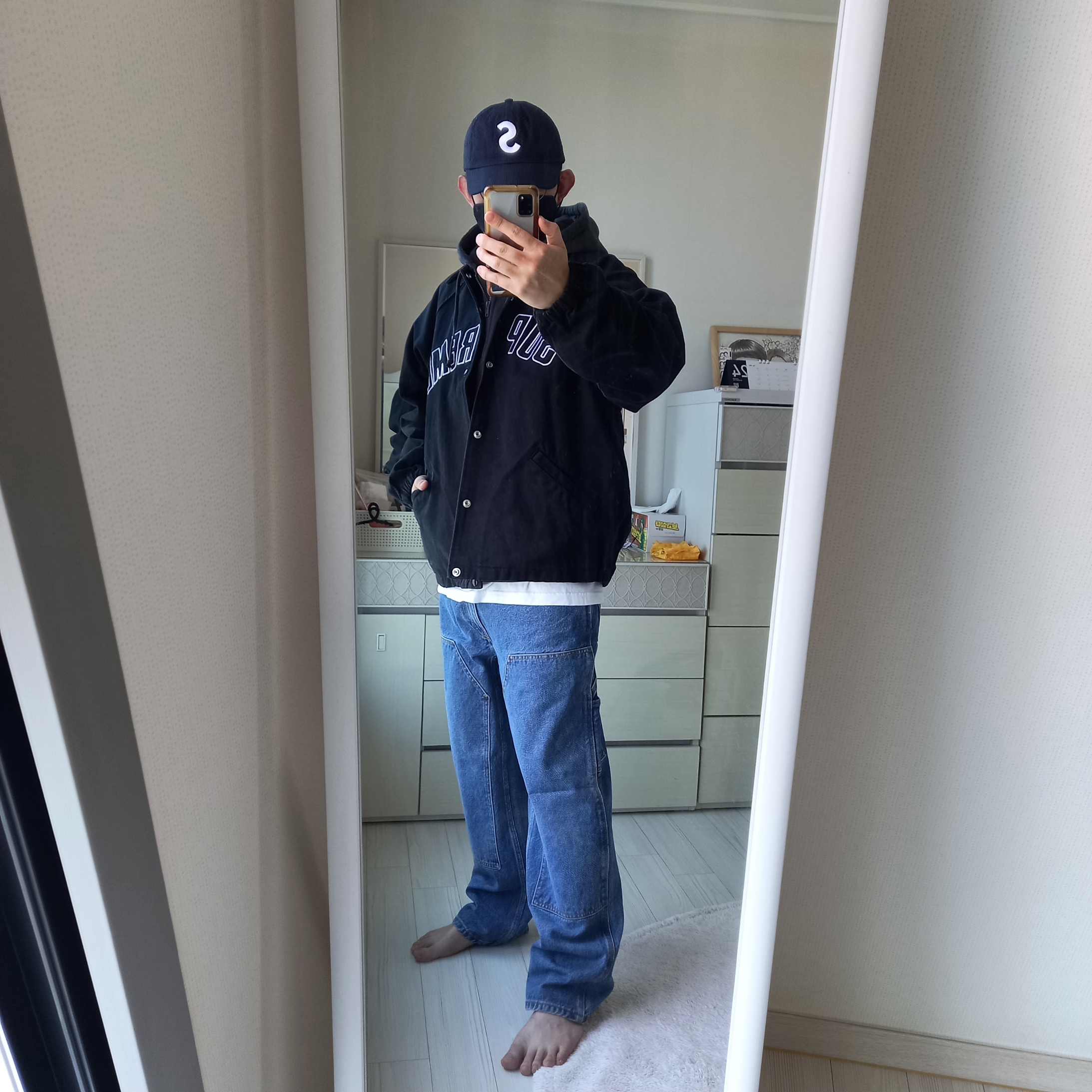Supreme Arc Denim Coaches Jacket Black - 24SS, Supreme Double Knee Painter Pant Washed Indigo - 24SS 착용 스타일 - 1