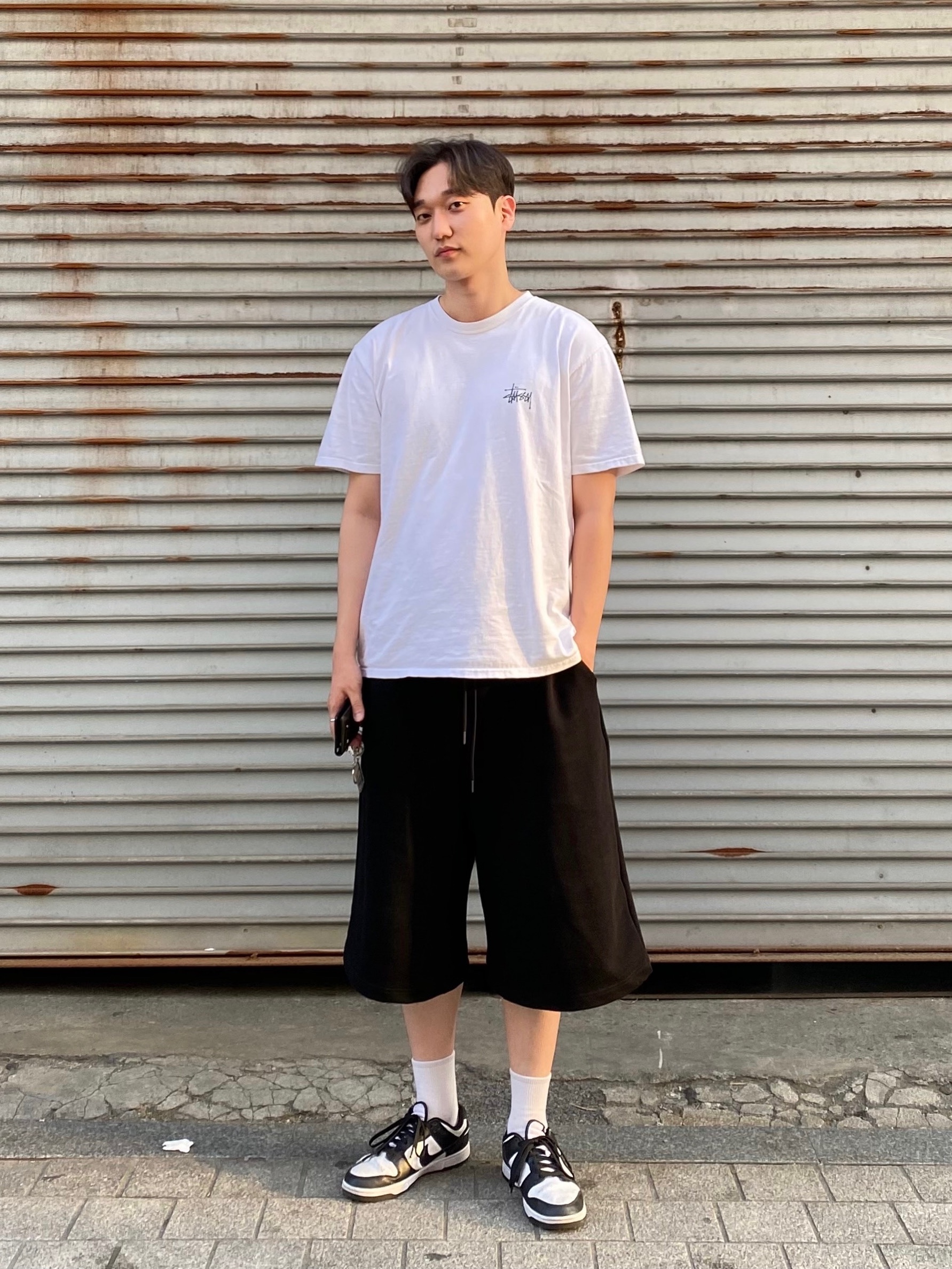 Stussy Basic Stussy T-Shirt White 2024, 2025, Nike Dunk Low Retro Black 착용 스타일 - 1
