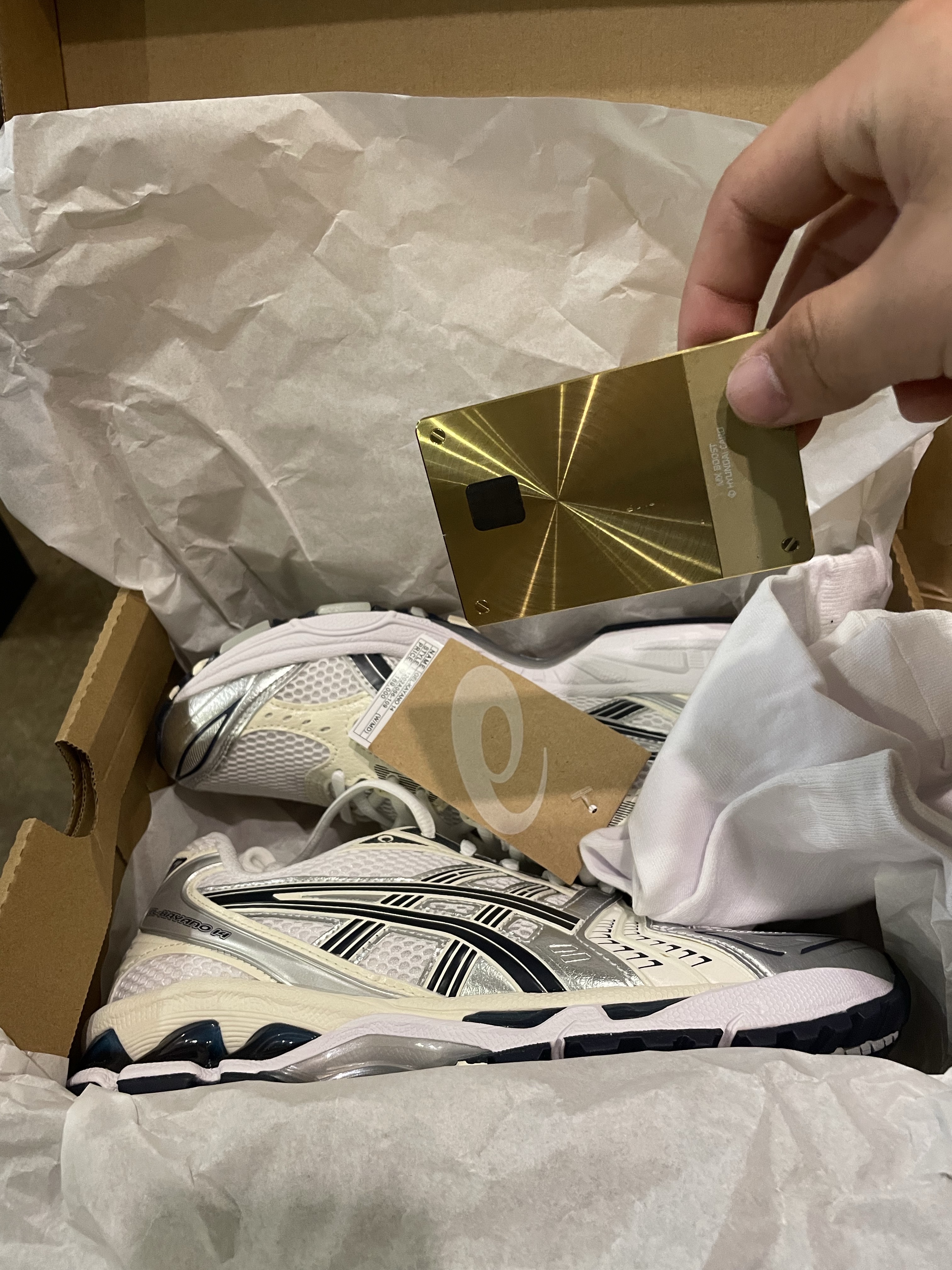 (W) Asics Gel-Kayano 14 White Midnight, Asics Jog 100 S White Black - 2E Wide 착용 스타일 - 1