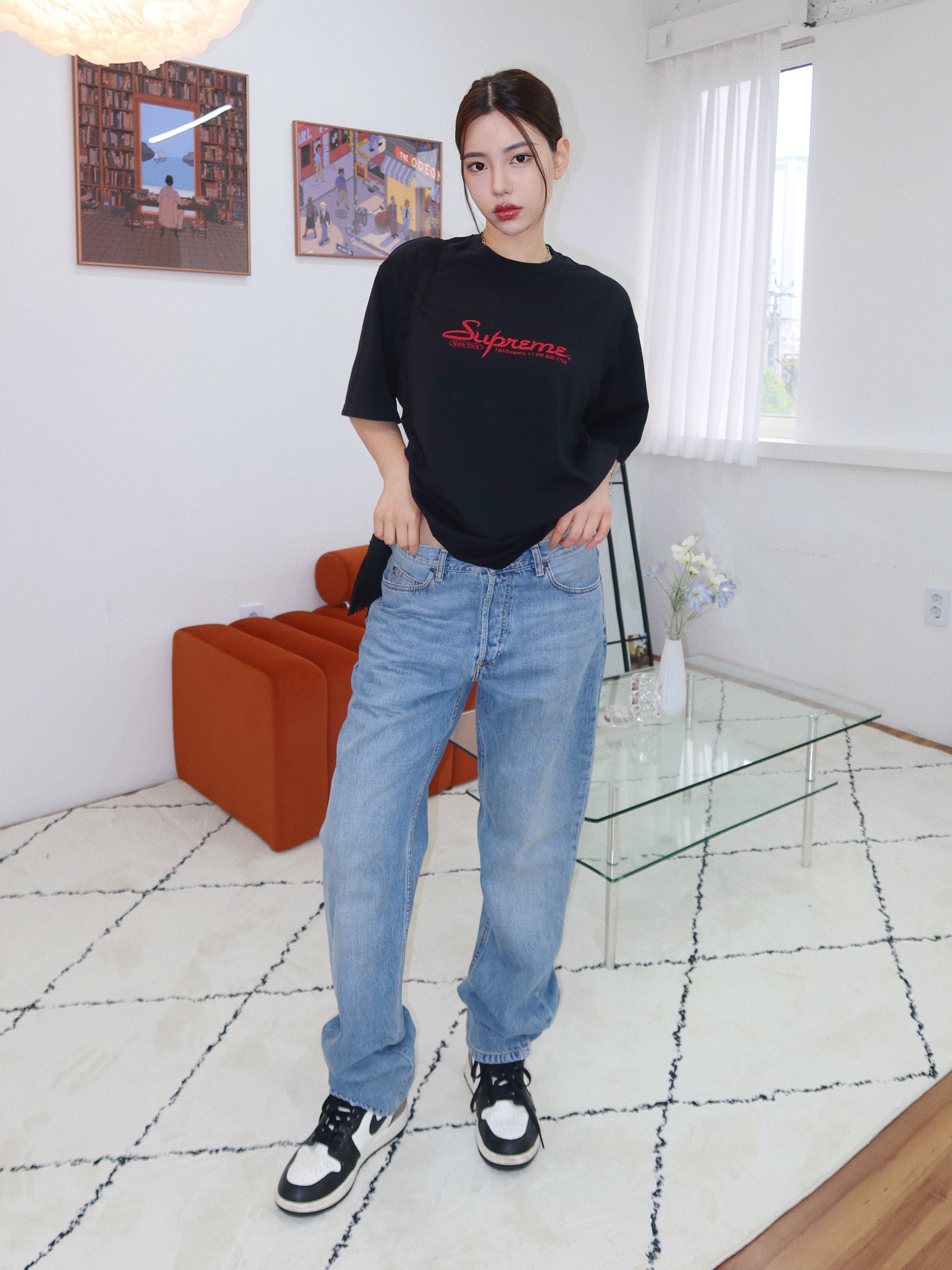 Carhartt WIP Maitland Denim Newel Pants Blue Light Used Wash, Jordan 1 Retro High OG Black Mocha 착용 스타일