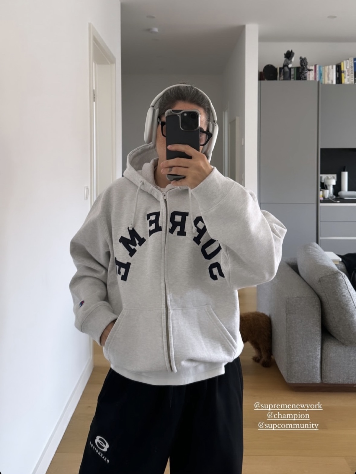 Supreme x Champion Zip Up Hooded Sweatshirt Ash Grey - 24SS 착용 스타일