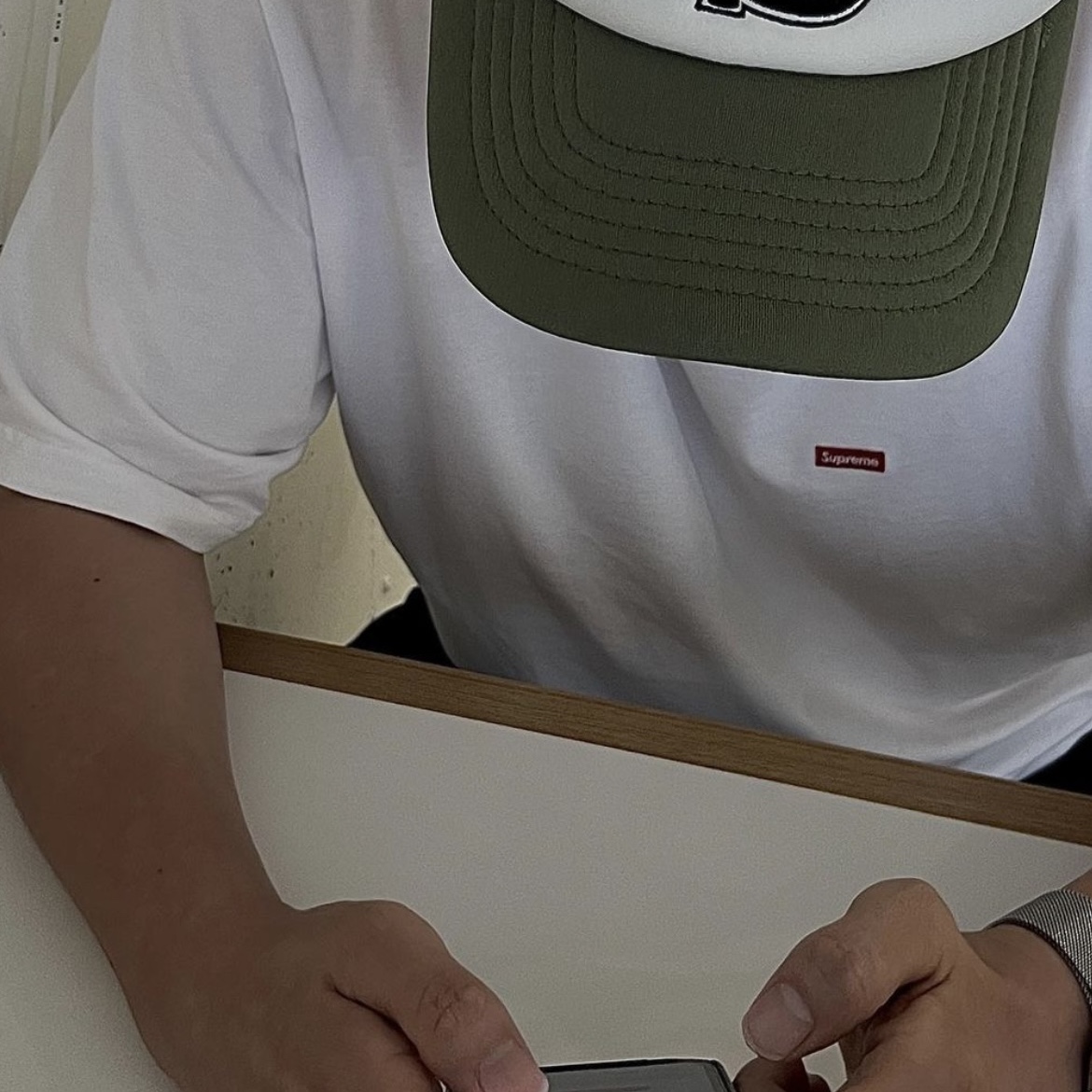 Stussy x Our Legacy Work Shop Trucker Cap Olive, Supreme Small Box T-Shirt White - 24SS 착용 스타일