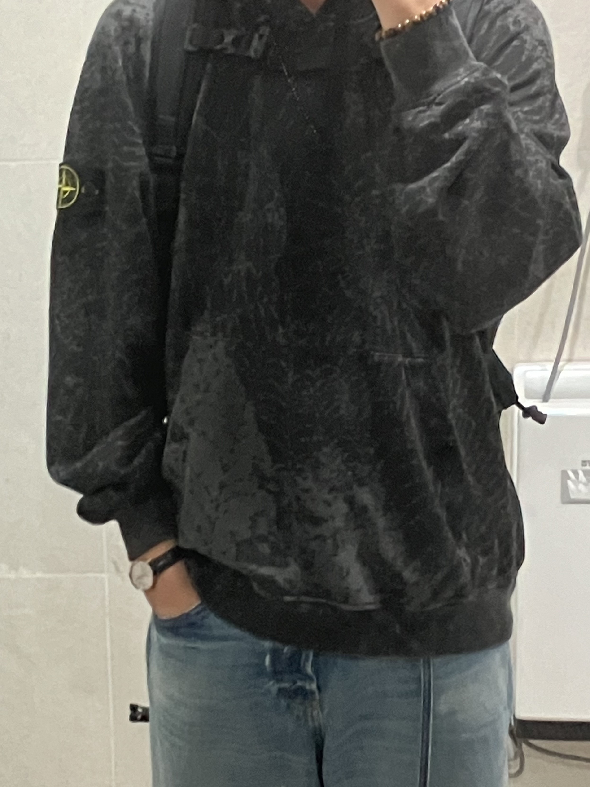 Supreme x Stone Island Hooded Sweatshirt Black - 23FW 착용 스타일