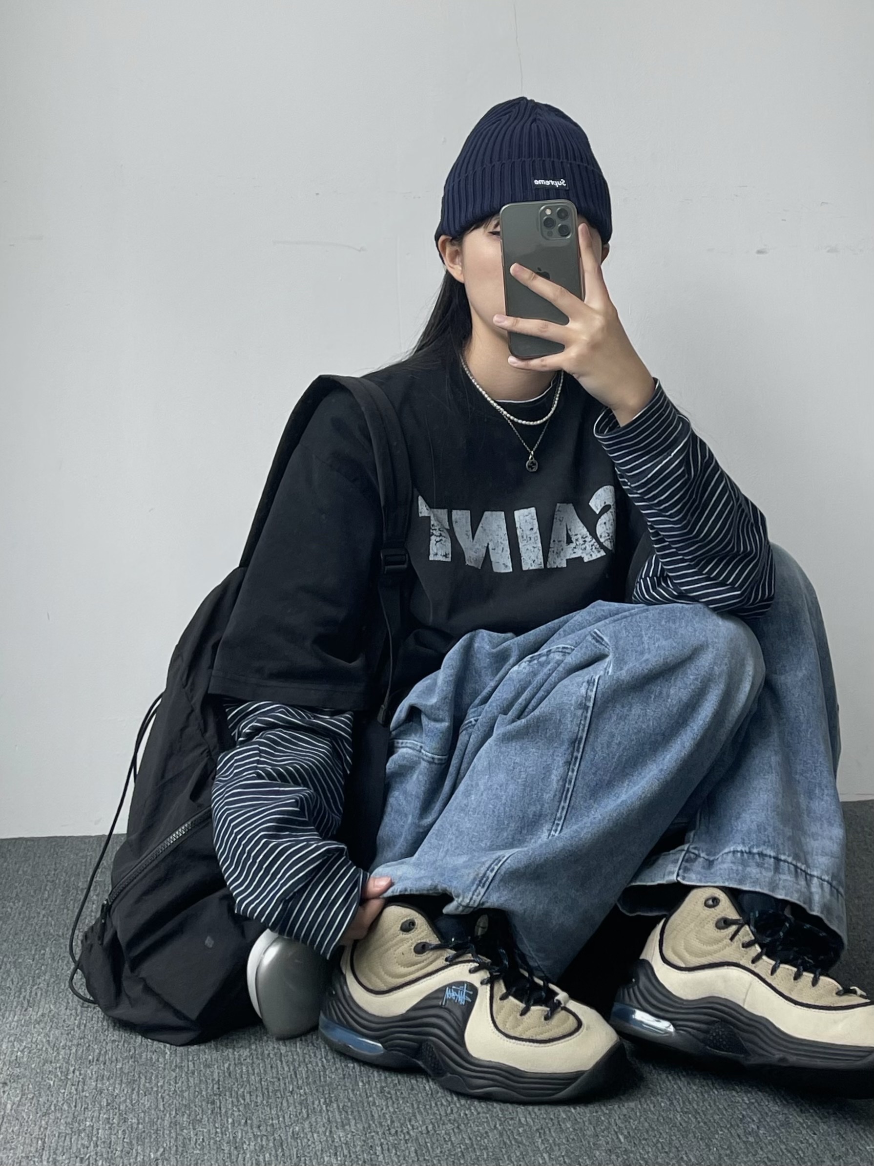 Supreme Overdyed Beanie Navy - 24SS, Nike x Stussy Air Penny II Rattan and Limestone 착용 스타일 - 5