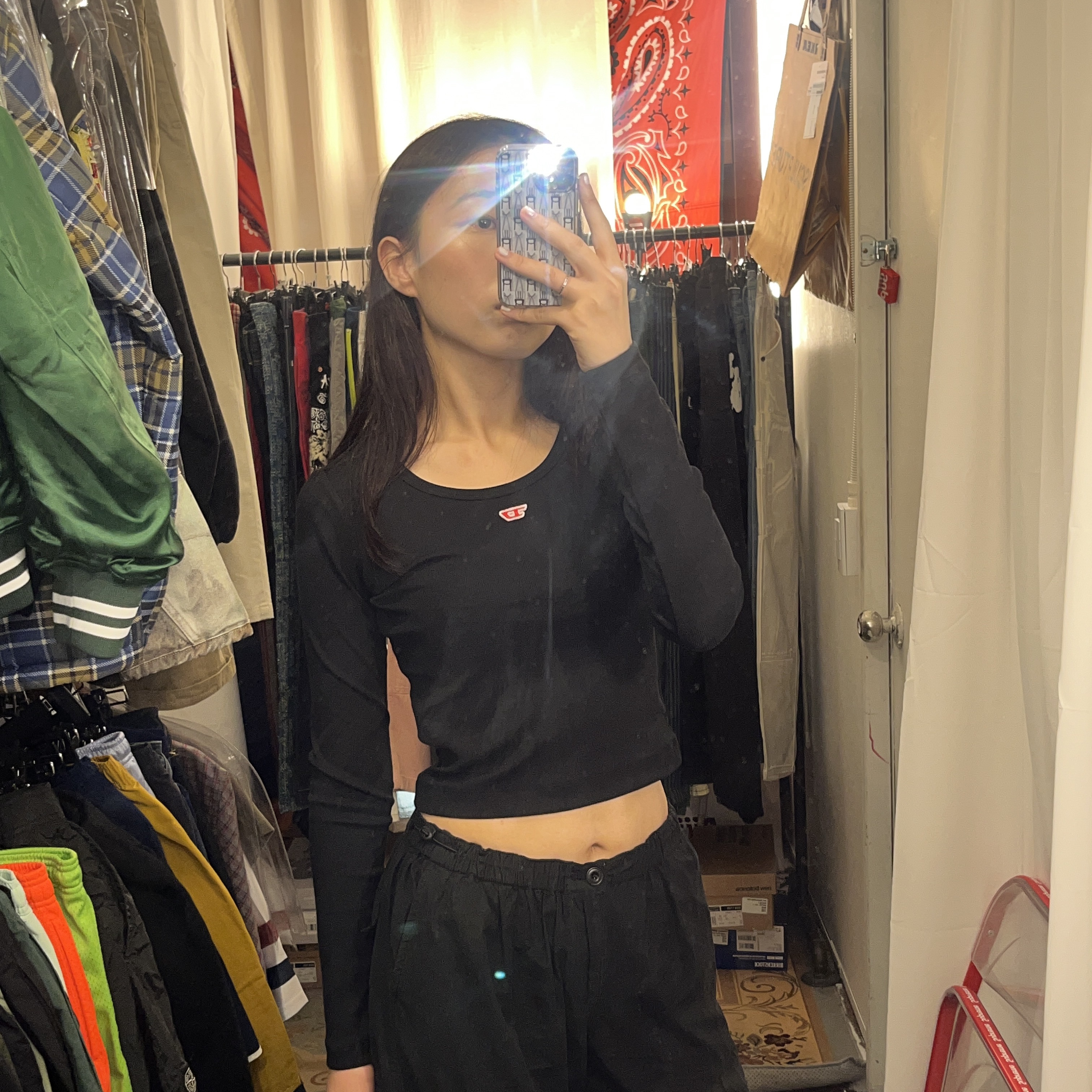 (W) Diesel T-Ballet-D Logo LS T-Shirt Black, Hysteric Glamour You Pay Necklace Silver 착용 스타일 - 1