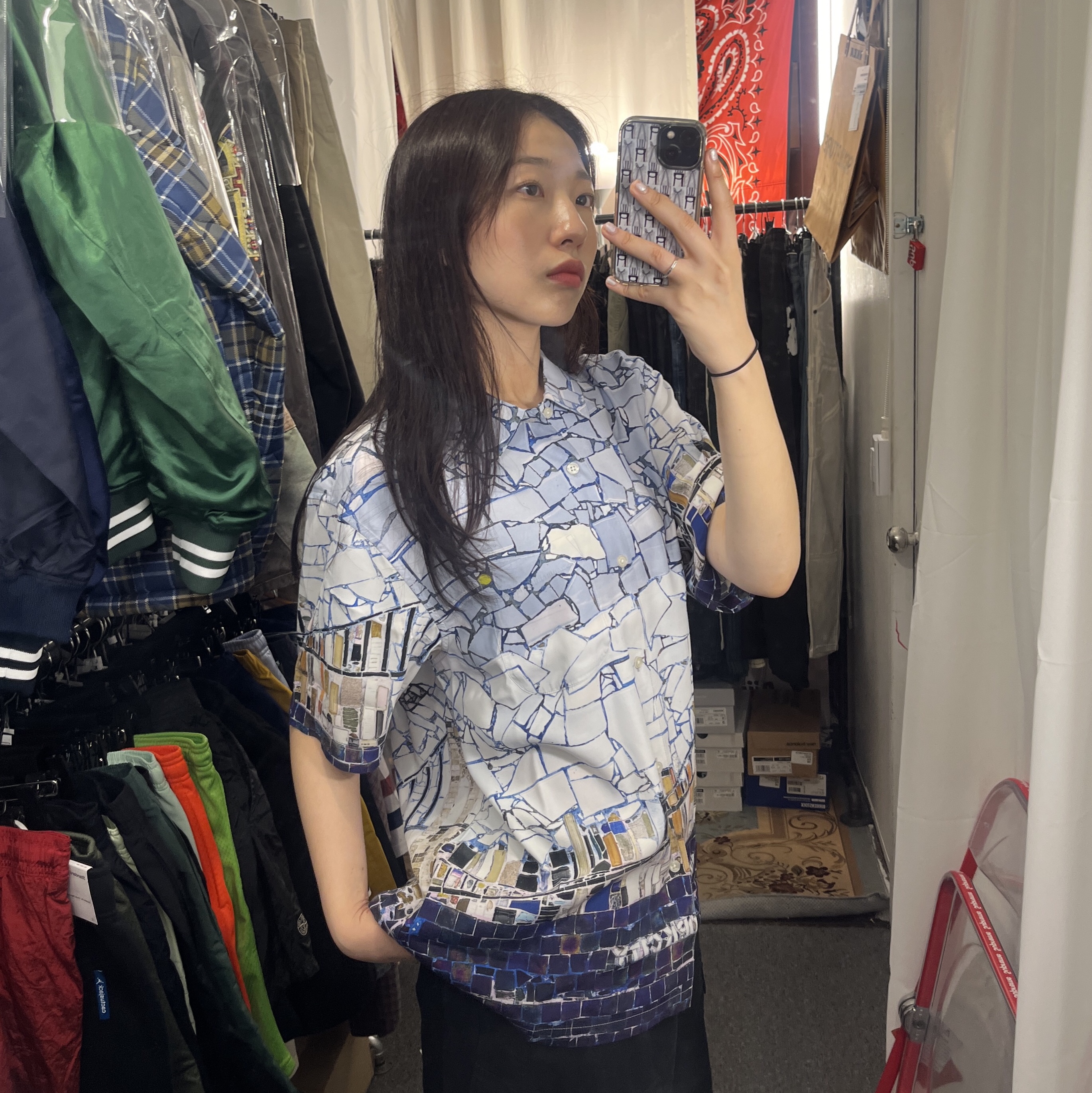 Supreme Mosaic S/S Shirt Multicolor - 24SS, Supreme x Undercover S/S Flannel Shirt Grey Plaid - 23SS 착용 스타일 - 1