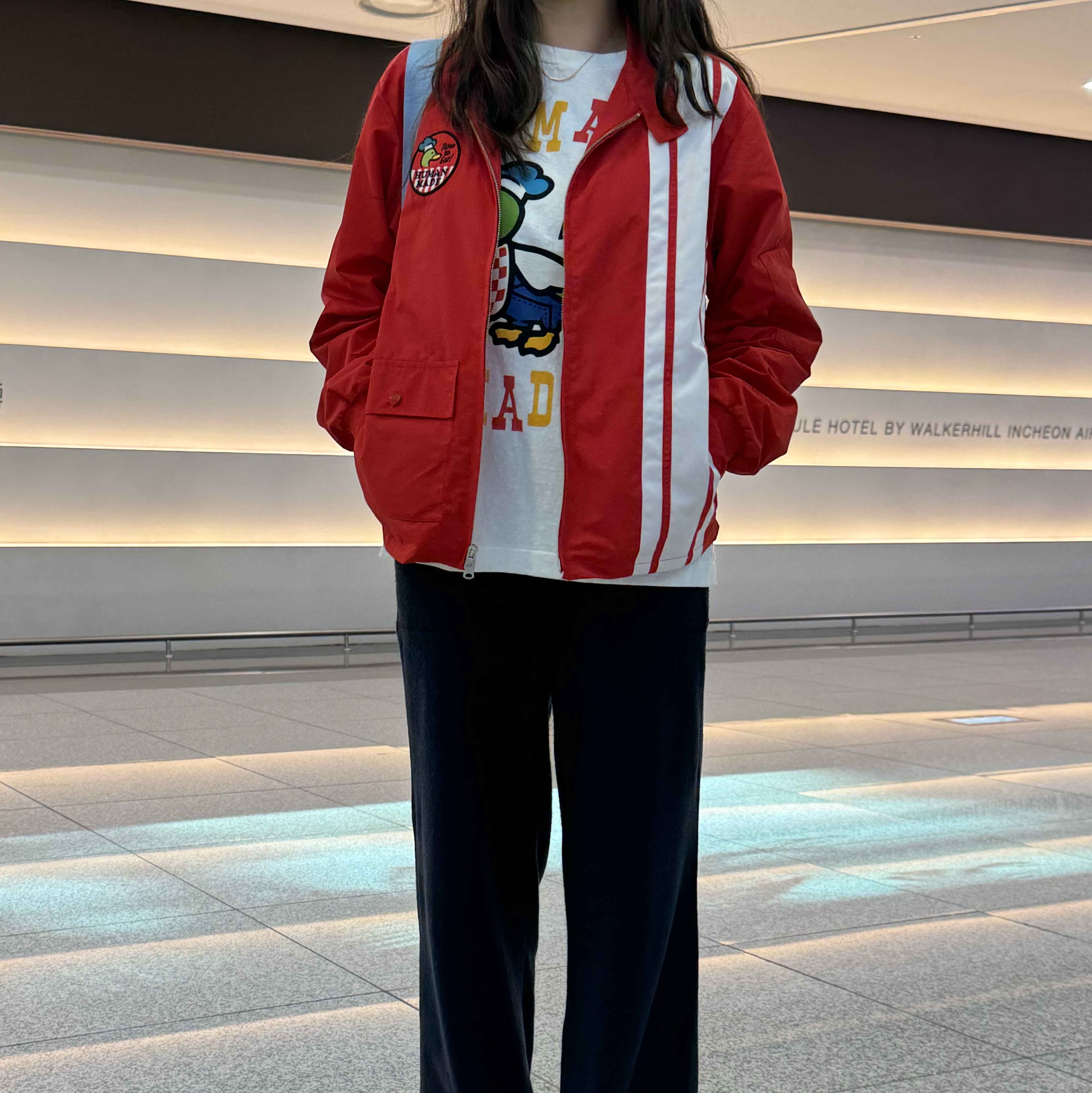 Human Made Diner Jacket Red, Human Made Graphic L/S T-Shirt White 착용 스타일 - 1