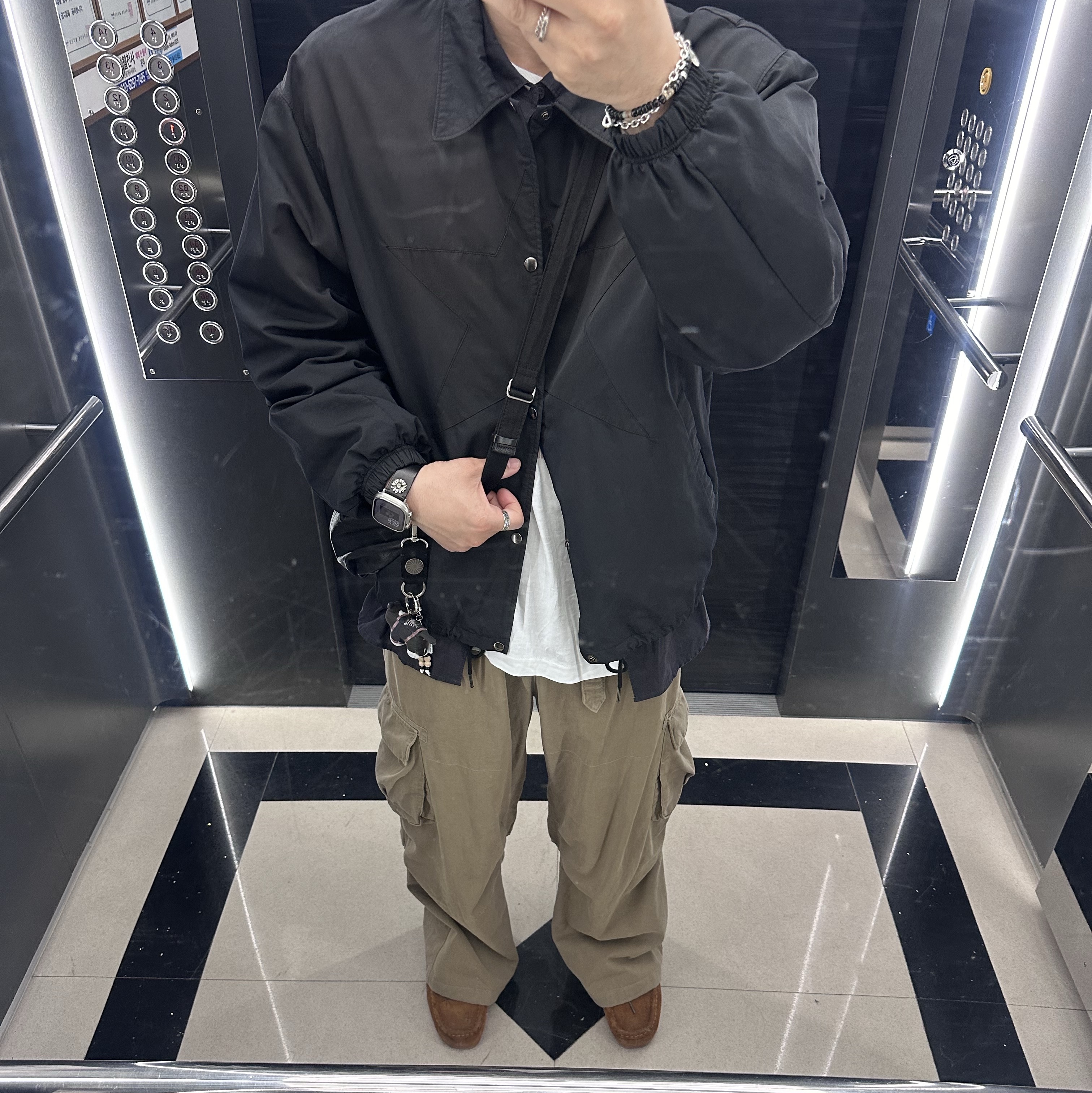 Polyteru x 1011 Star Coach Jacket Used Dark Navy - 23FW, Polyteru Tenco Loosed Shirt 2.0 Dark Navy 착용 스타일