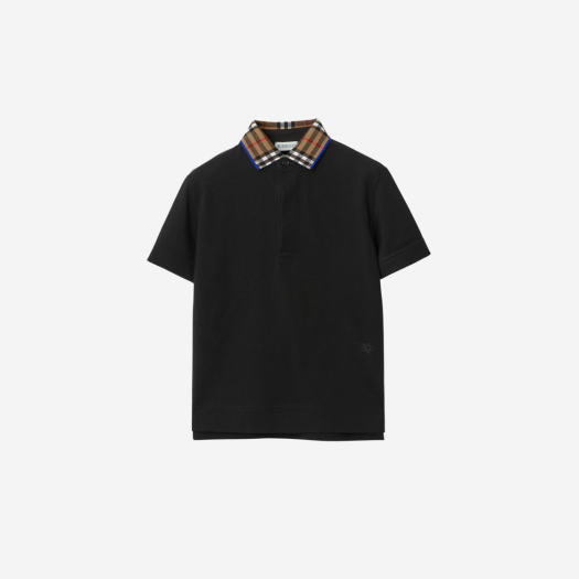 (Kids) Burberry Check Collar Cotton Polo Shirt Black