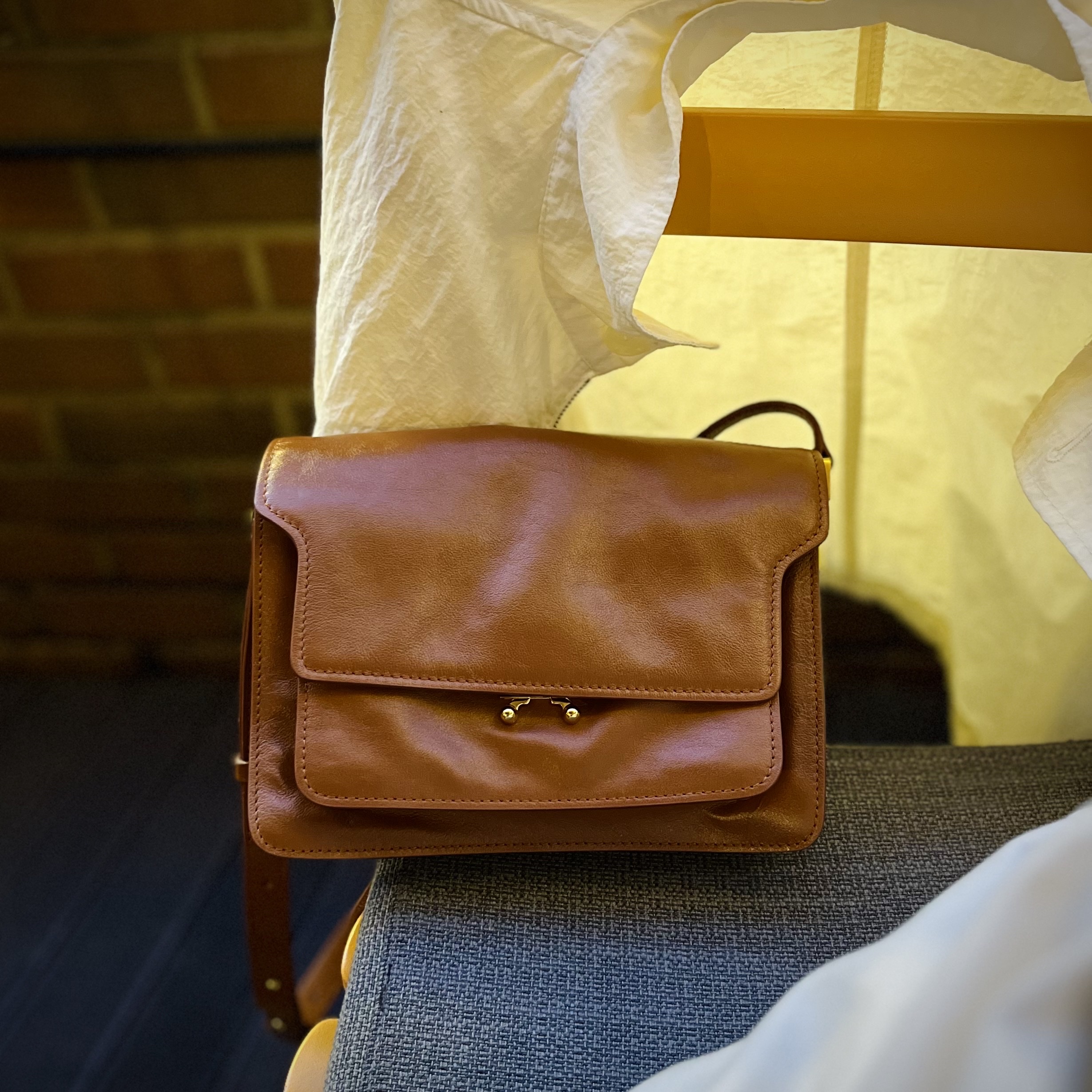 Marni Trunk Soft Medium Bag in Leather Moca 착용 스타일