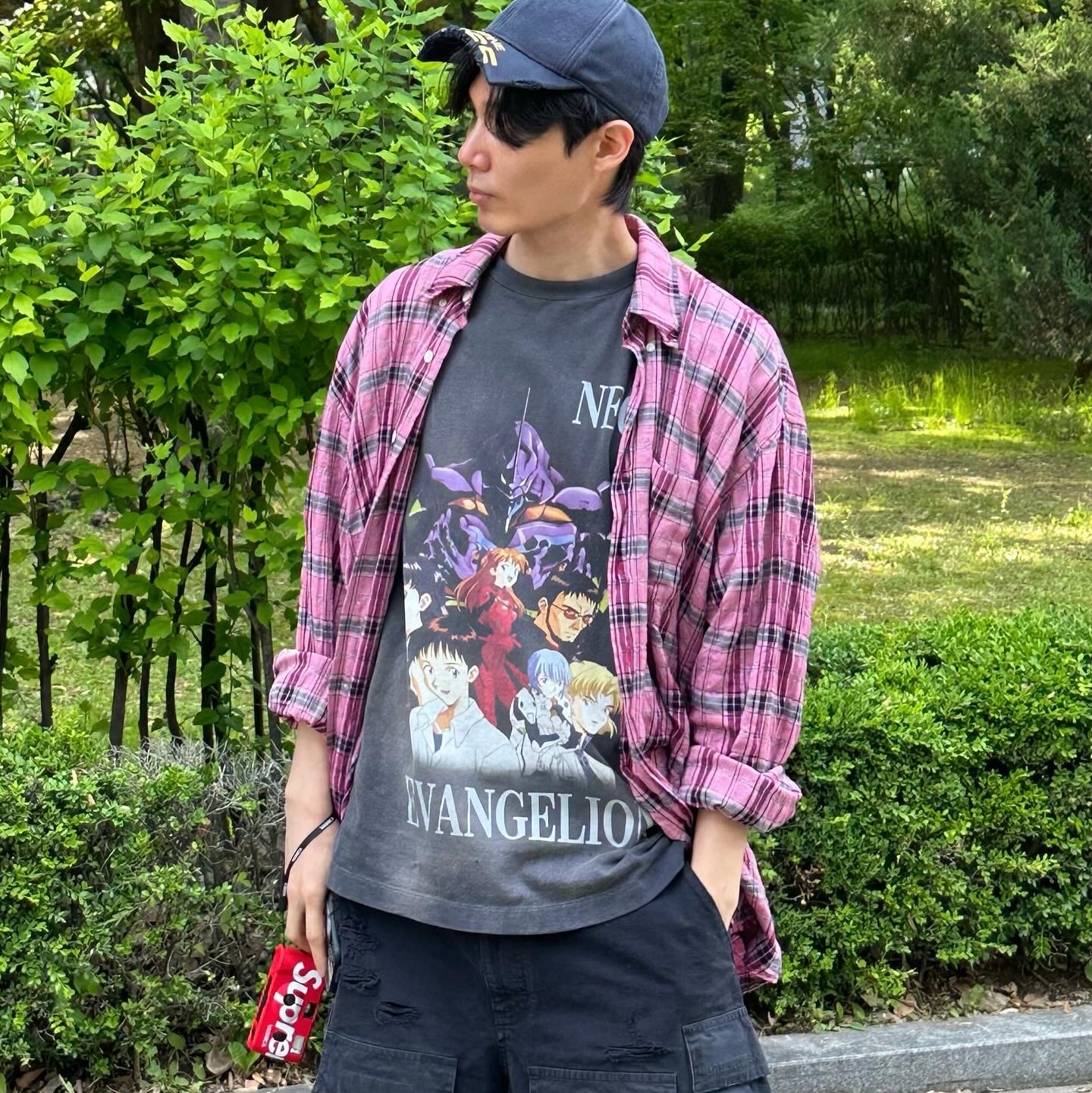 Our Legacy Borrowed BD Shirt Cerise Memory Check 착용 스타일 - 3