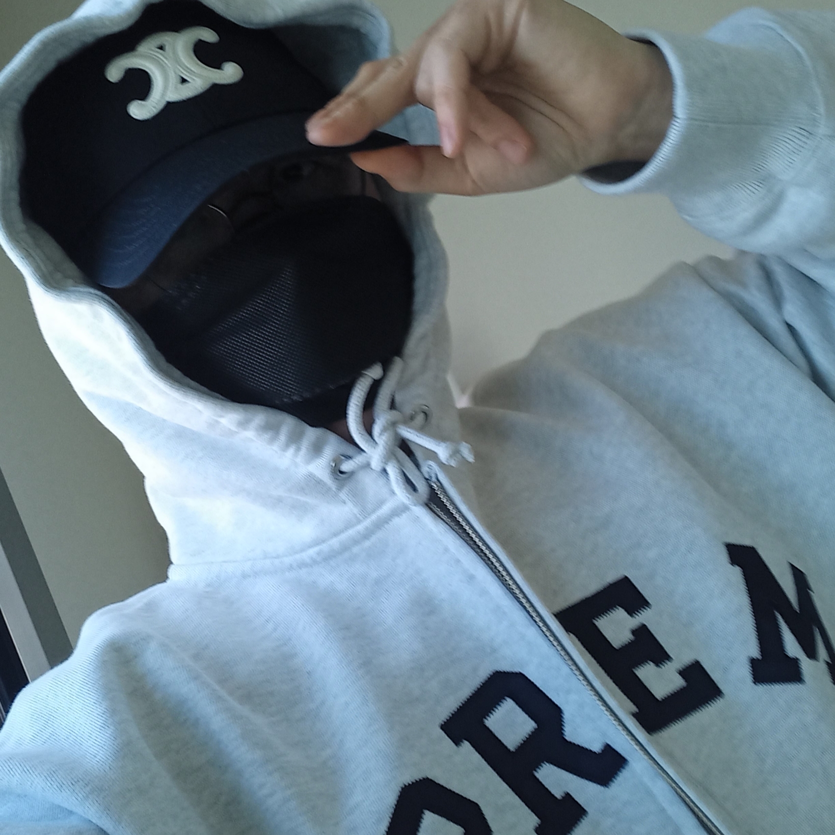 (W) Celine Triomphe Baseball Cap in Cotton Black, Supreme x Champion Zip Up Hooded Sweatshirt Ash Grey - 24SS 착용 스타일 - 2