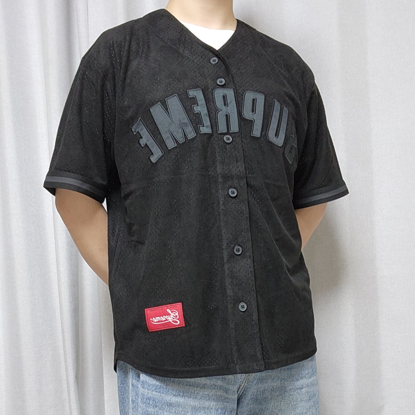 Supreme Ultrasuede Mesh Baseball Jersey Black - 24SS 착용 스타일 - 1