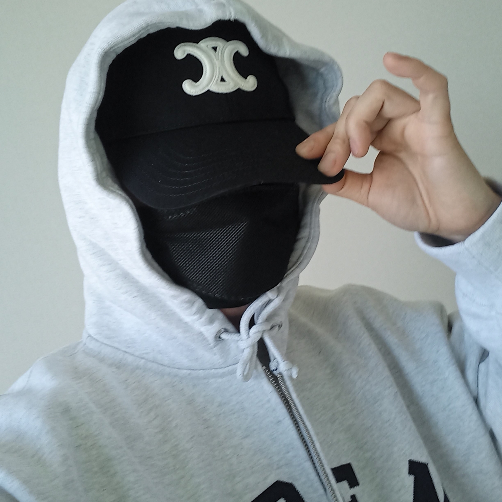 (W) Celine Triomphe Baseball Cap in Cotton Black, Supreme x Champion Zip Up Hooded Sweatshirt Ash Grey - 24SS 착용 스타일 - 1