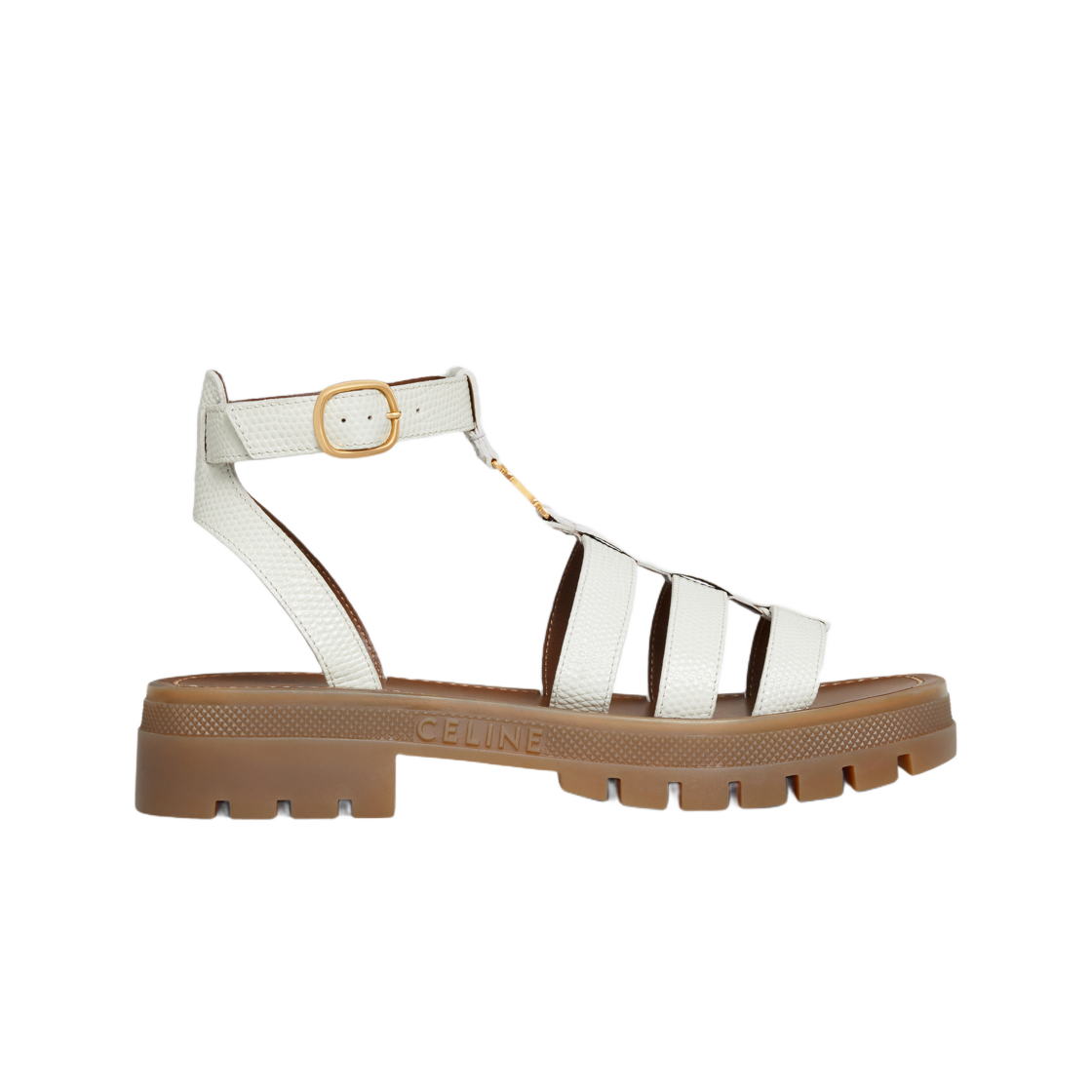 (W) Celine Clea Triomphe Gladiator Sandal in Lizard Stamped Calfskin Light Yellow 상세 이미지 1