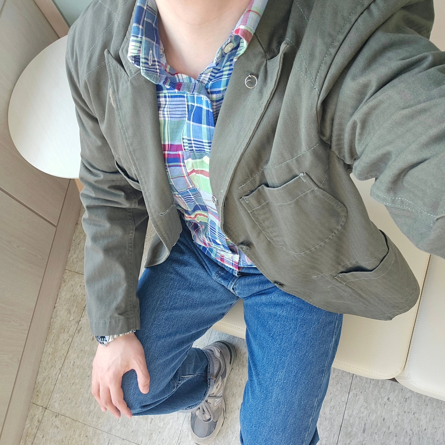 Engineered Garments Ripstop Bedford Jacket Olive, New Balance 991 Made in UK Grey 착용 스타일 - 4
