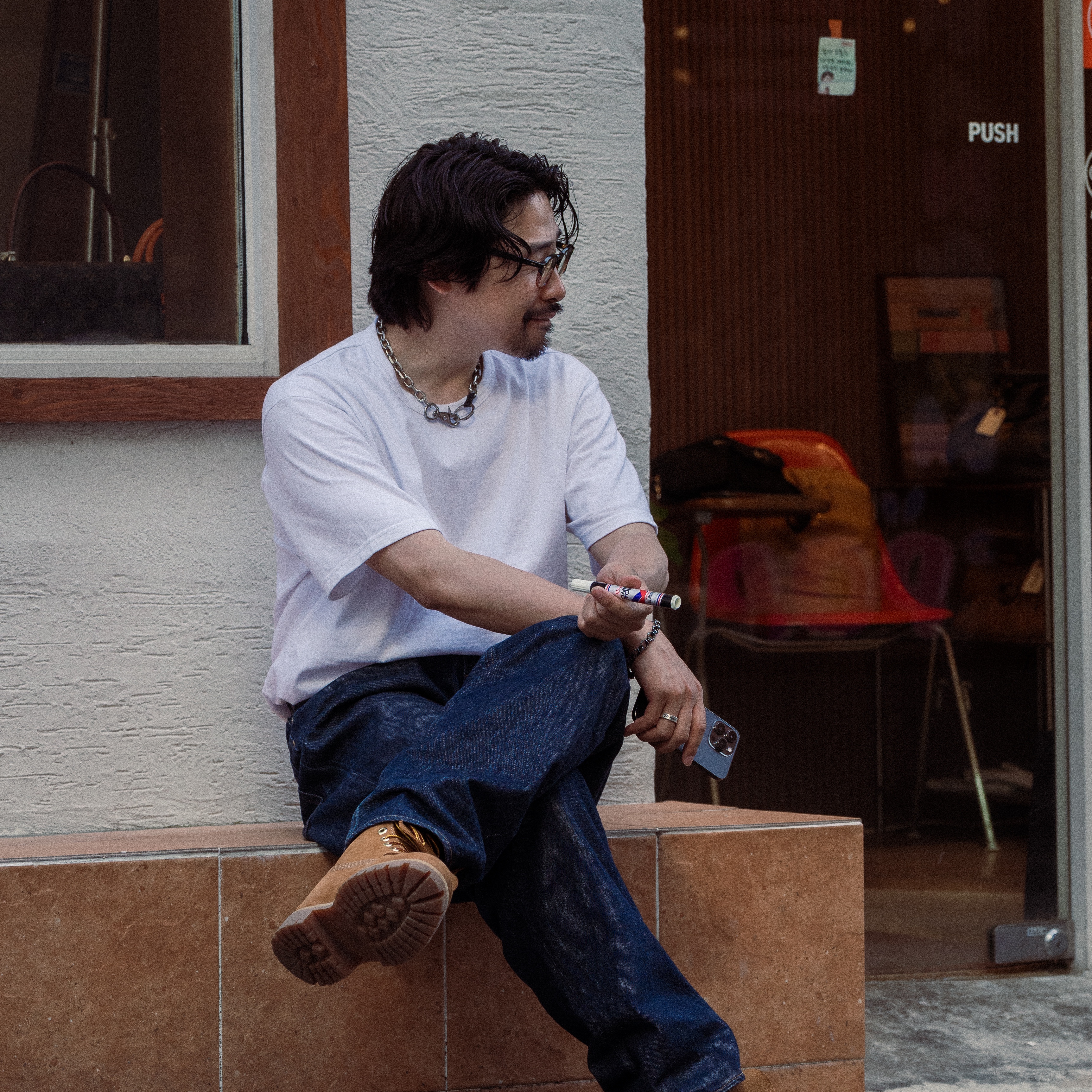 Timberland Premium 6 inch Waterproof Boot Wheat Nubuck - Wide, Auralee Hard Twist Denim 5P Pants Indigo 착용 스타일 - 4