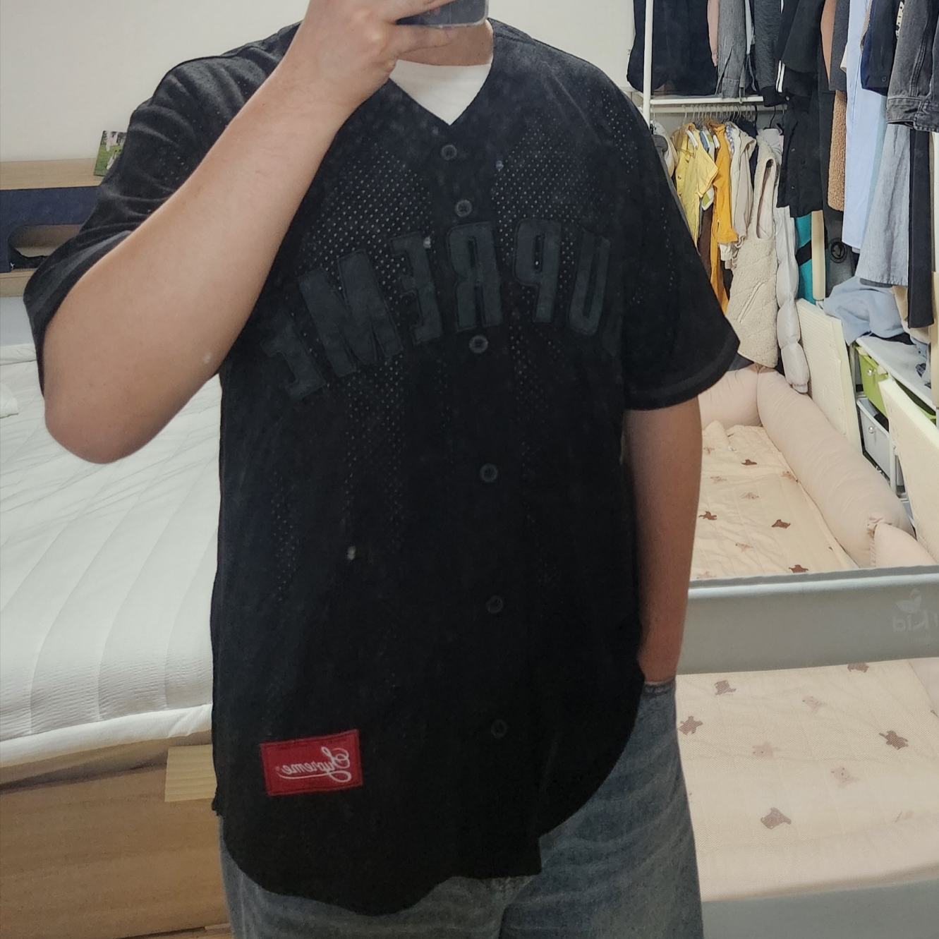 Supreme Ultrasuede Mesh Baseball Jersey Black - 24SS 착용 스타일 - 2