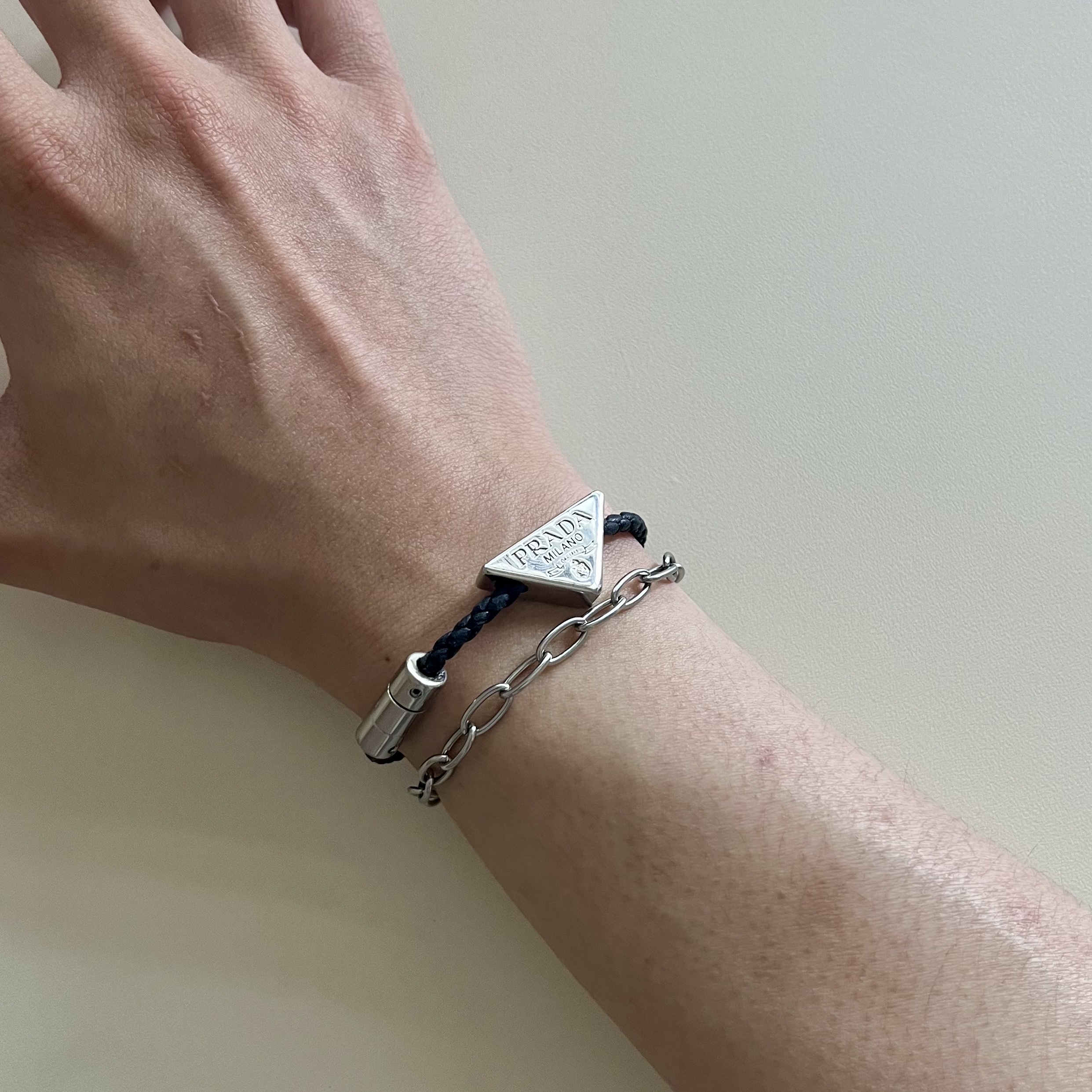 (W) Prada Braided Nappa Leather Bracelet Black 착용 스타일