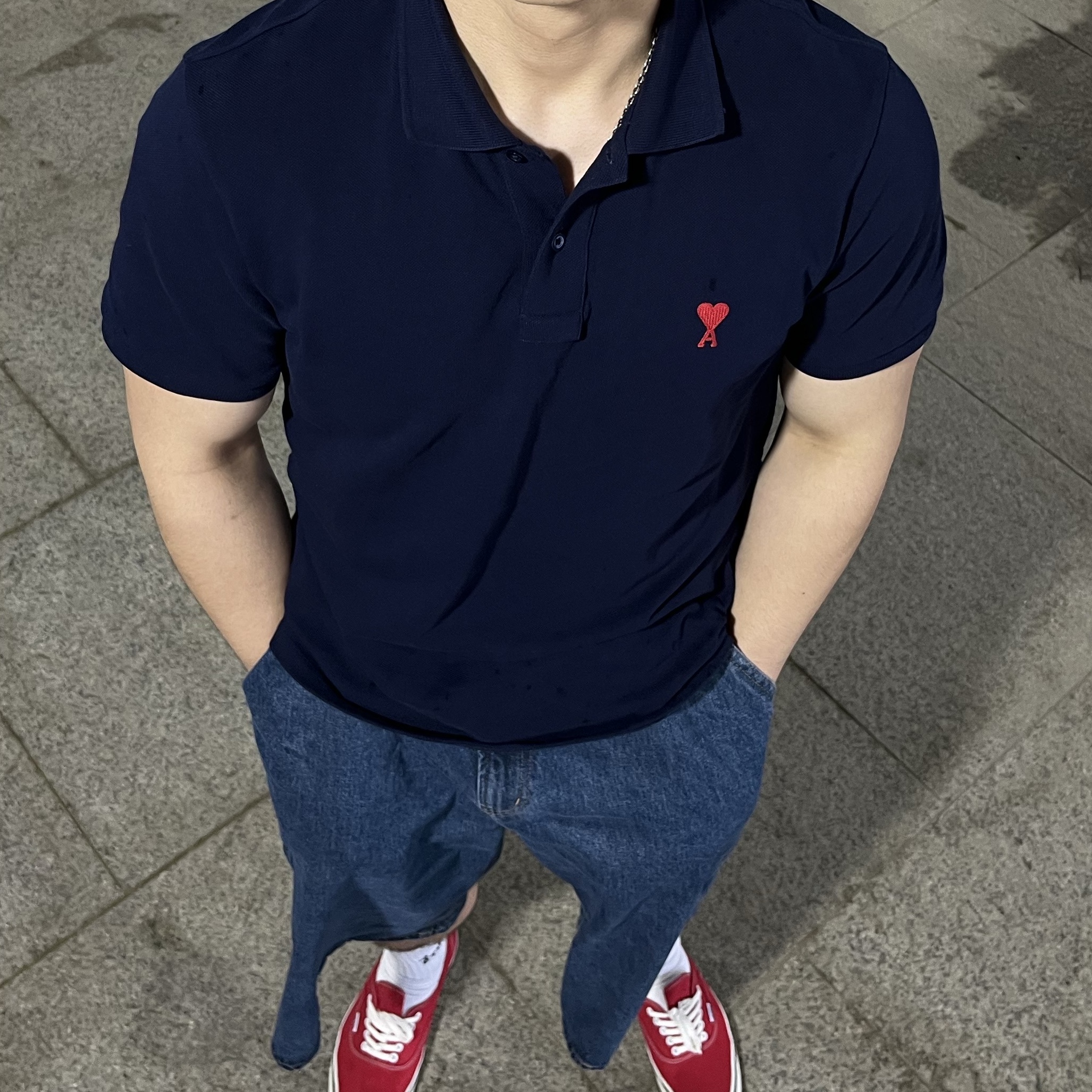 AMI de Coeur Polo Shirt Nautic Blue, IAB Studio Socks White (5 Pack) 착용 스타일 - 2