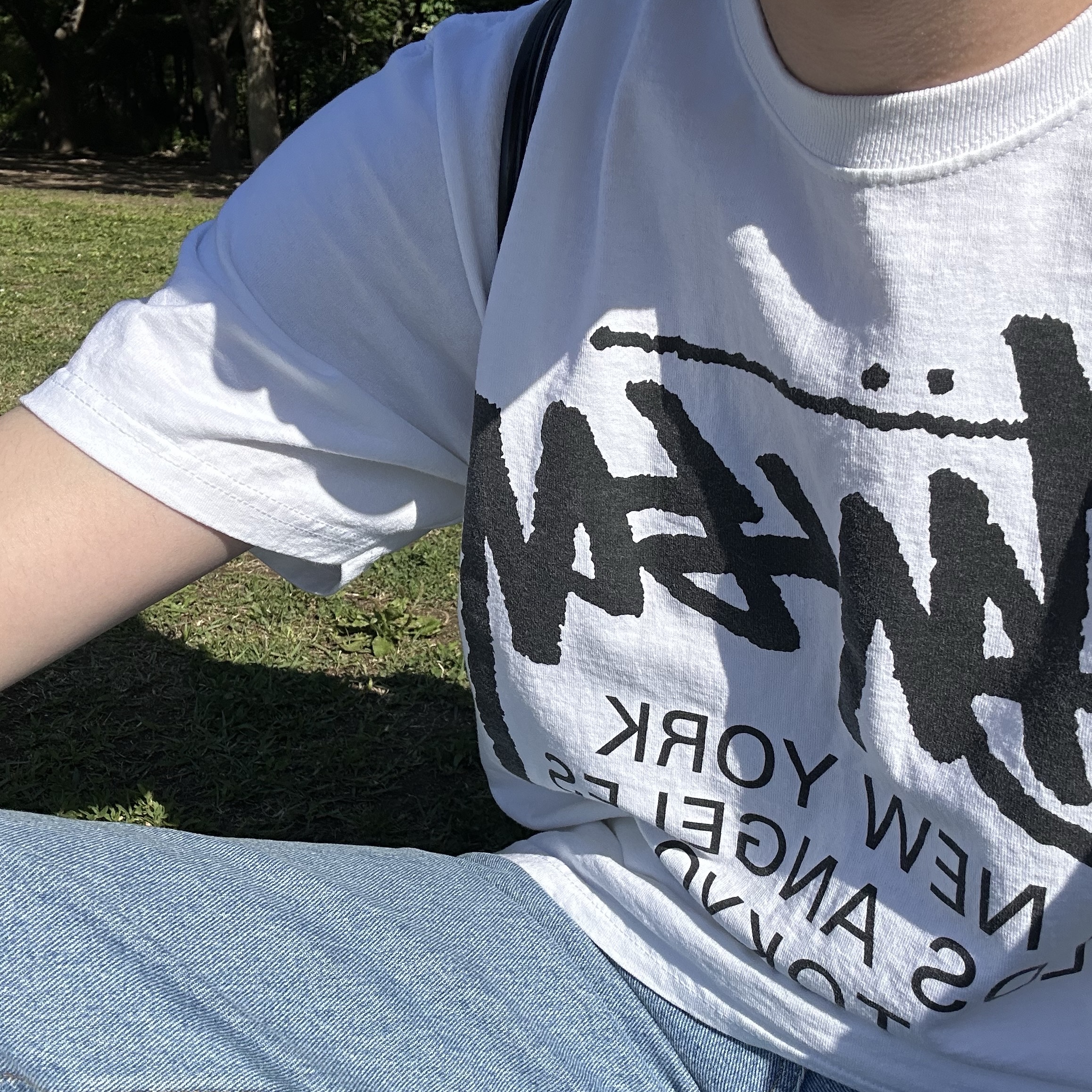 Matin Kim String Coating Backpack Black, Stussy World Tour T-Shirt White 2023 착용 스타일
