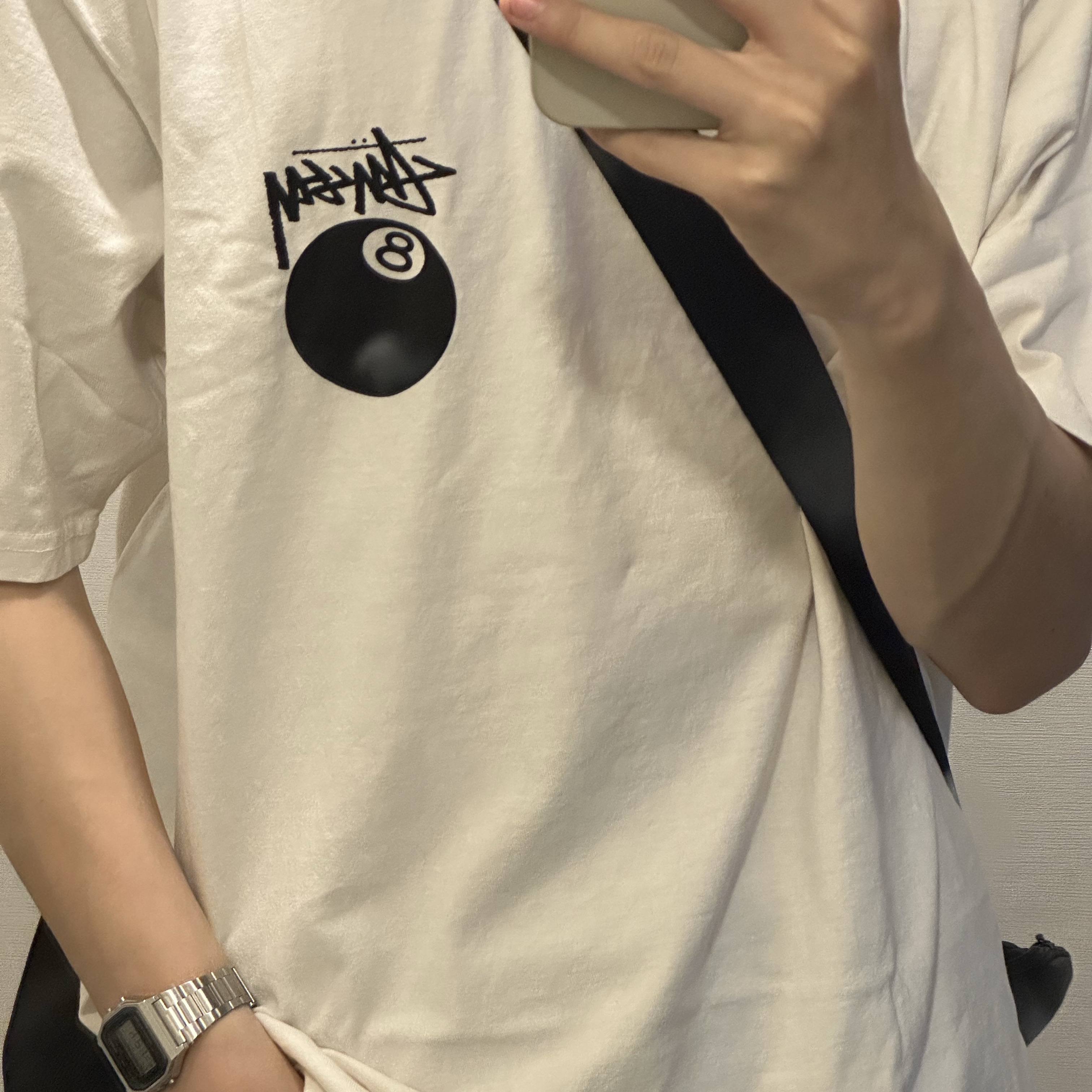 Stussy 8 Ball Pigment Dyed T-Shirt Natural, Casio A-158WA-1 착용 스타일