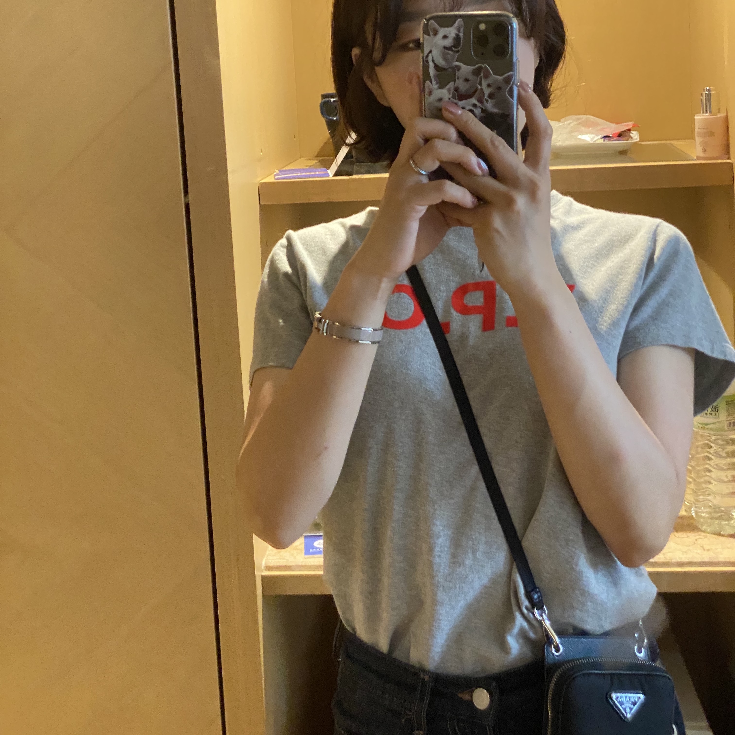 Prada Triangle Logo Phone Holder Crossbag Black, (W) Hermes Clic H Bracelet Palladium & Blanc 착용 스타일