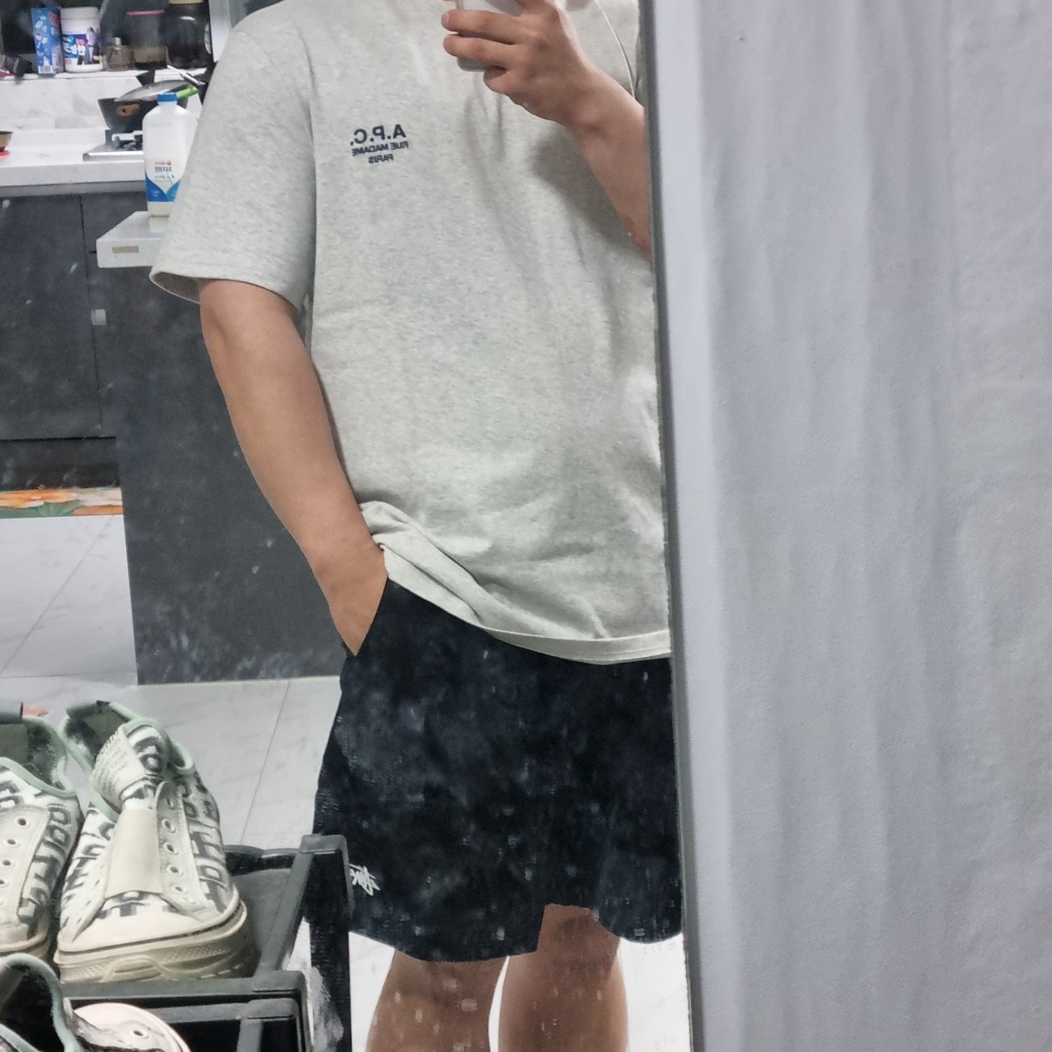 A.P.C. Raymond T-Shirt Grey, Stussy Stock Water Shorts Black 착용 스타일