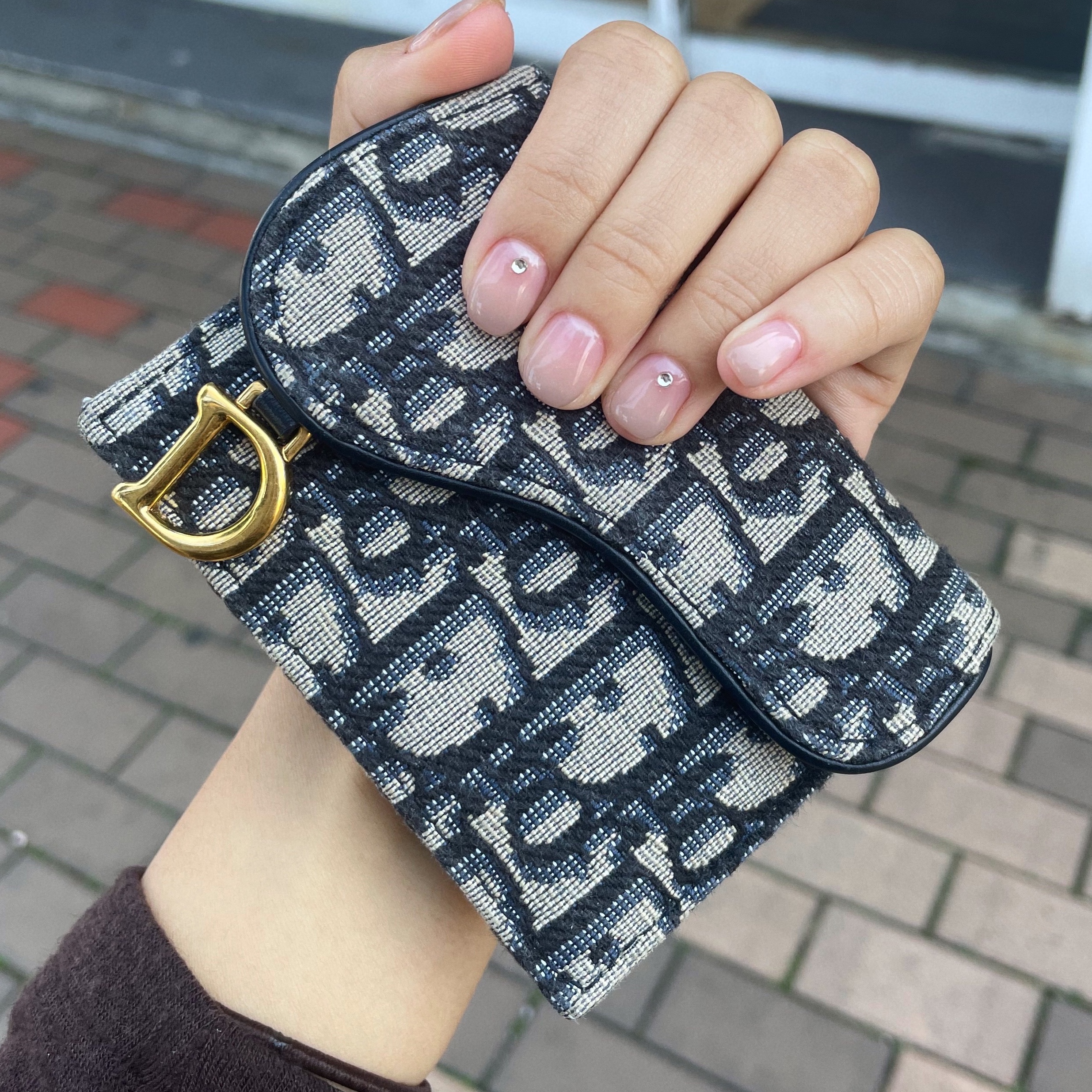 Dior Saddle Flap Card Holder Blue Dior Oblique Jacquard 착용 스타일