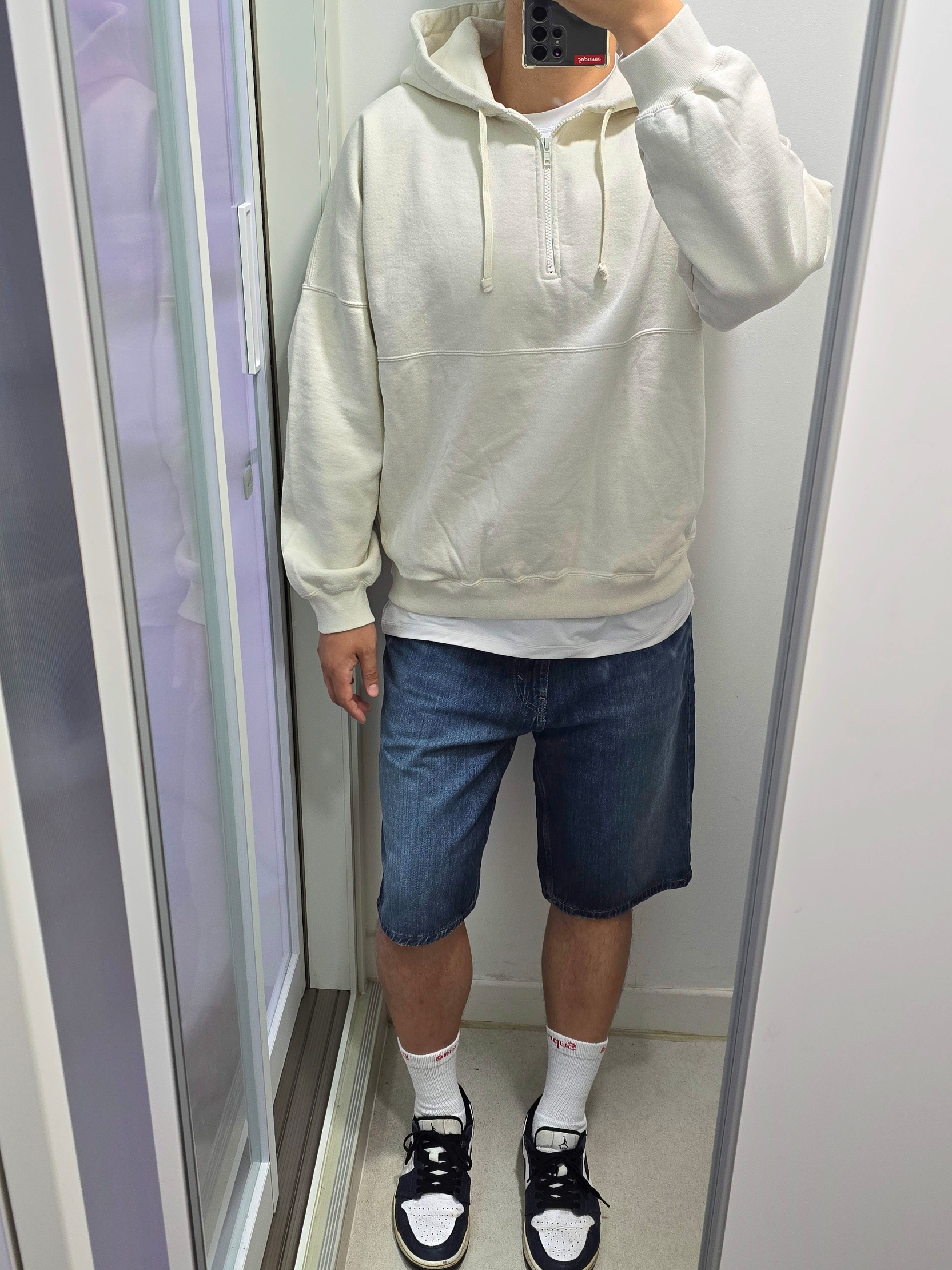 Supreme Wrapped Half Zip Hooded Sweatshirt Stone - 24SS, Jordan 1 Low Golf Midnight Navy 착용 스타일 - 1