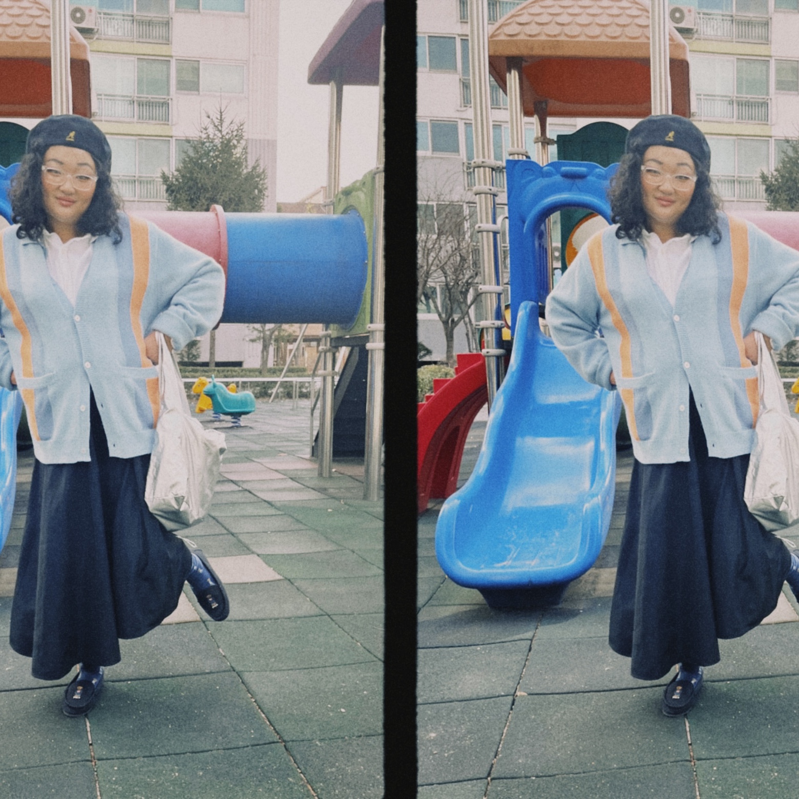 IAB Studio x Obey Archer Cardigan Blue 착용 스타일