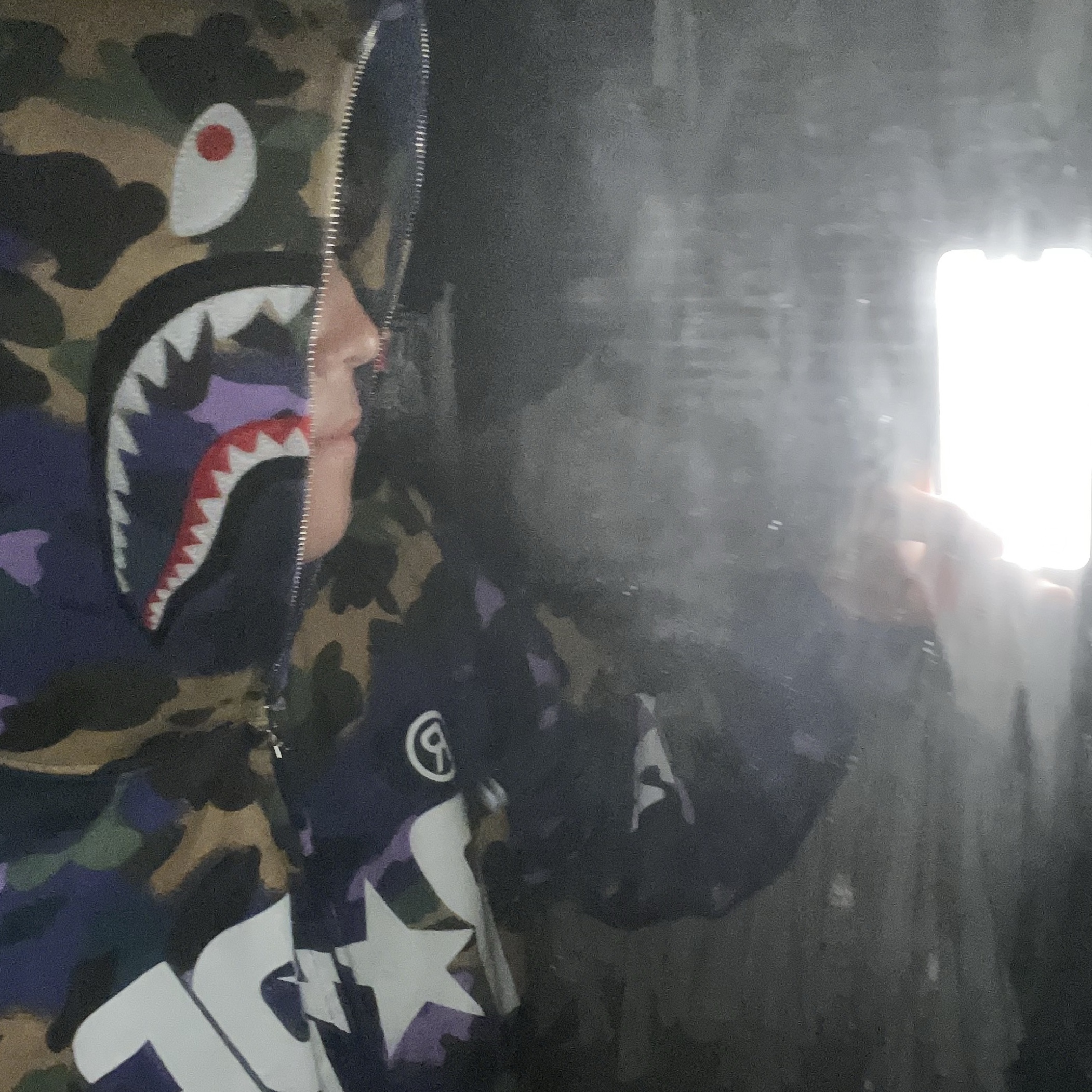 BAPE x Heron Preston Shark Zip Hoodie Purple 착용 스타일
