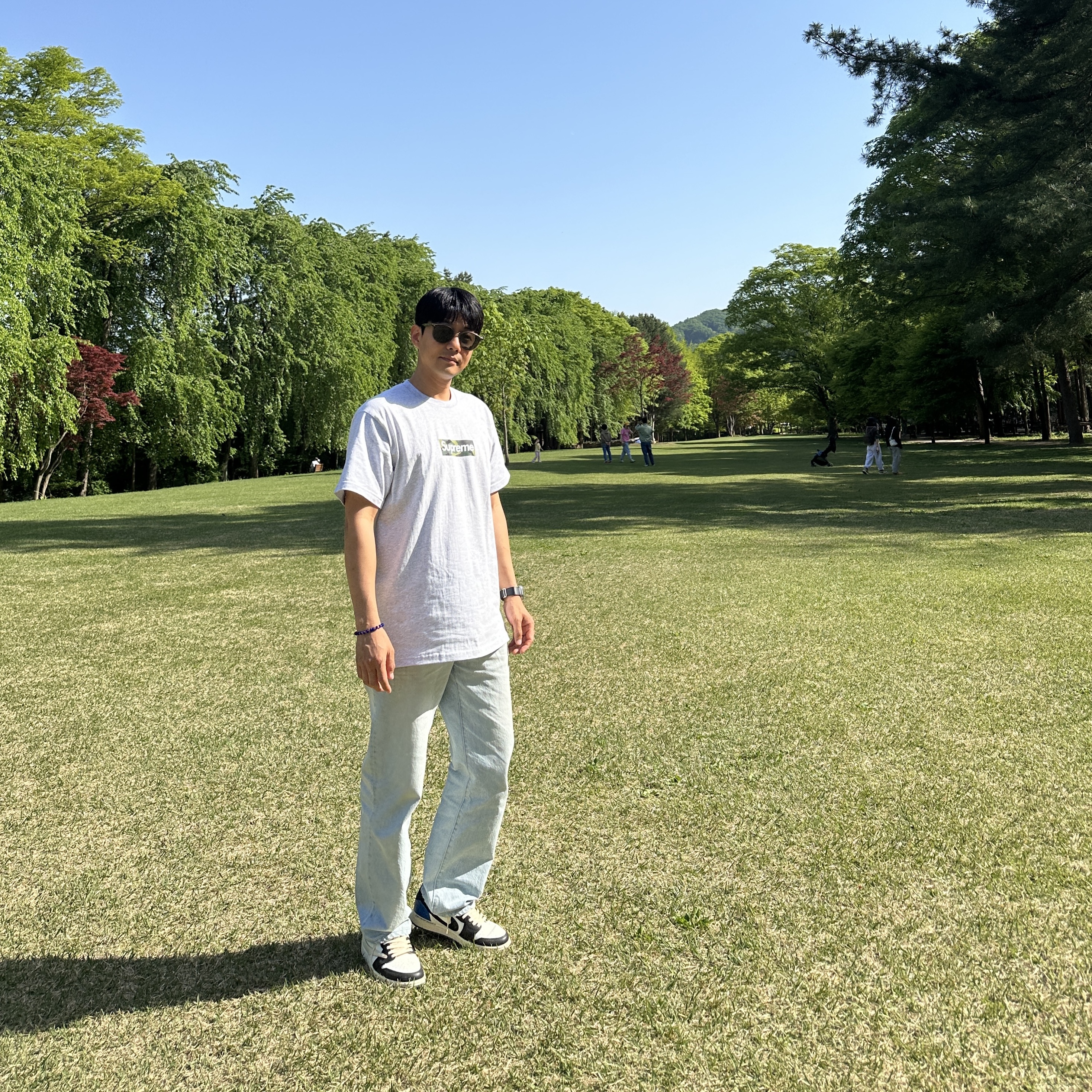 Jordan 1 x Travis Scott x Fragment Retro Low OG SP Military Blue, Supreme Box Logo T-Shirt Ash Grey - 23FW 착용 스타일