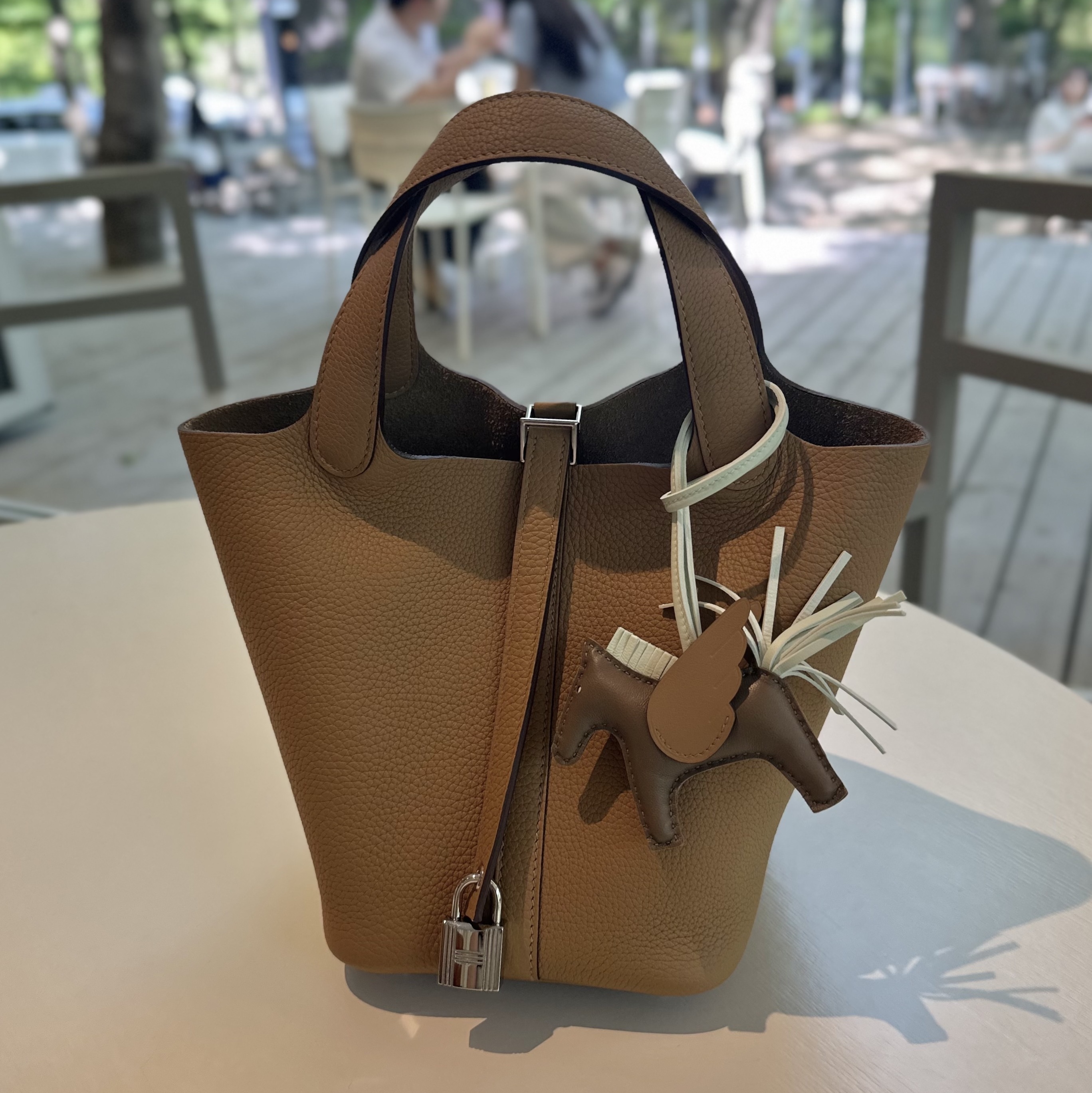 Hermes Rodeo Pegase PM Charm Milo Swift & Etoupe Vert Fizz Biscuit, Hermes Picotin Lock 18 Bag Clemence & Palladium Biscuit 착용 스타일