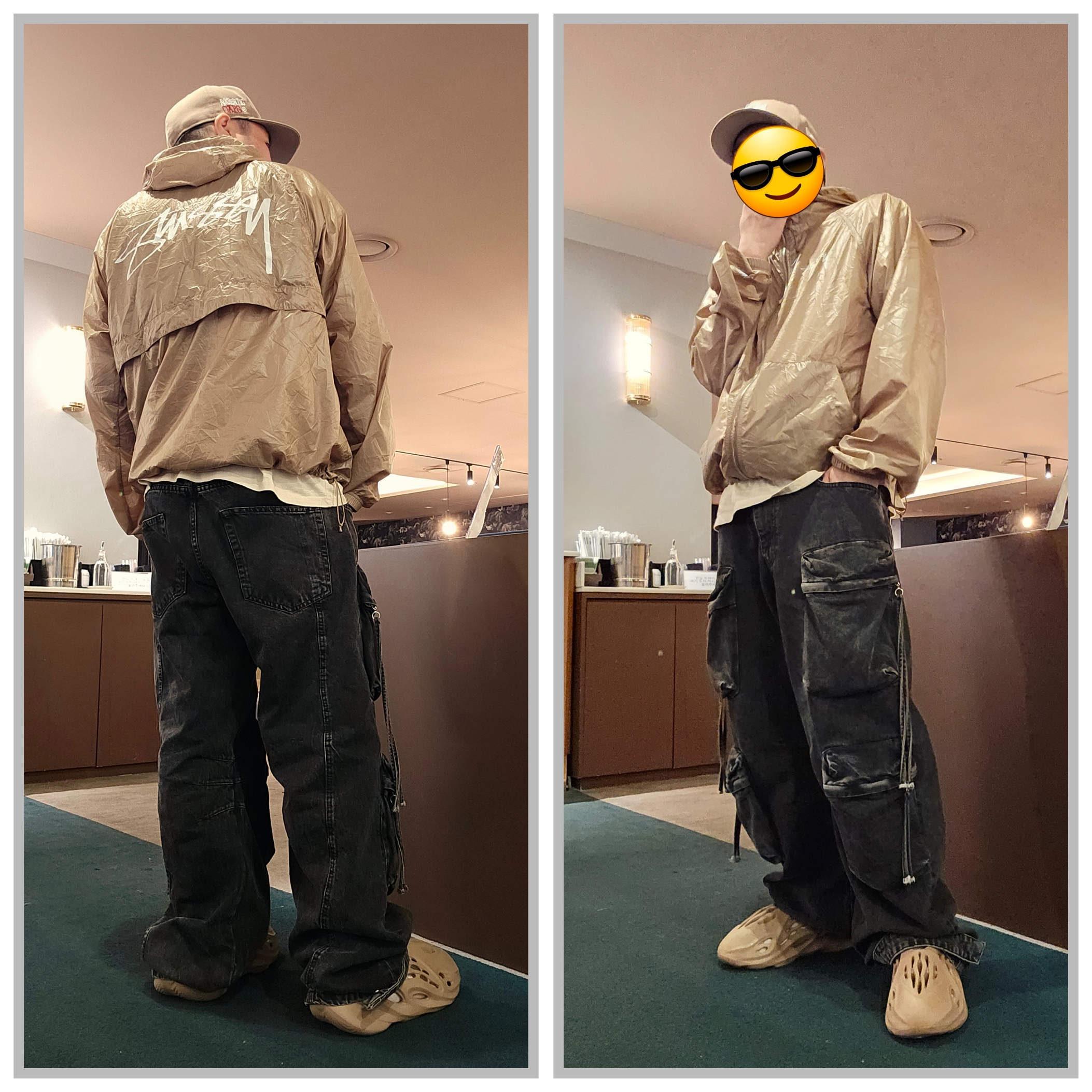 Stussy Beach Shell Wrinkled Nylon Jacket Brown, Adidas Yeezy Foam RNNR Clay Taupe 착용 스타일 - 1