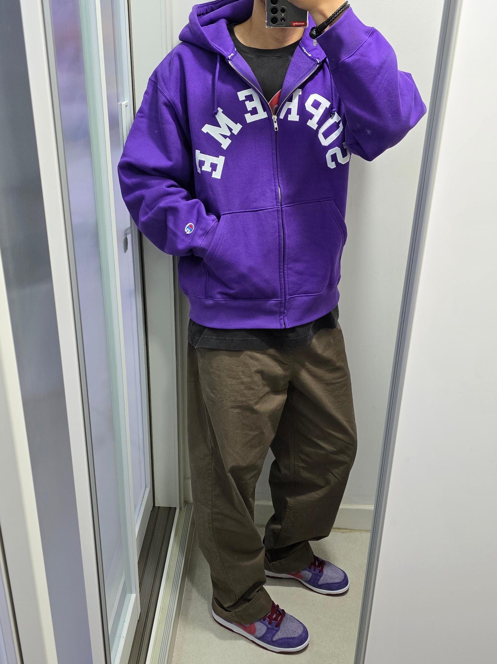 Supreme x Champion Zip Up Hooded Sweatshirt Purple - 24SS, Nike Dunk Low SP Plum 2024 착용 스타일 - 1