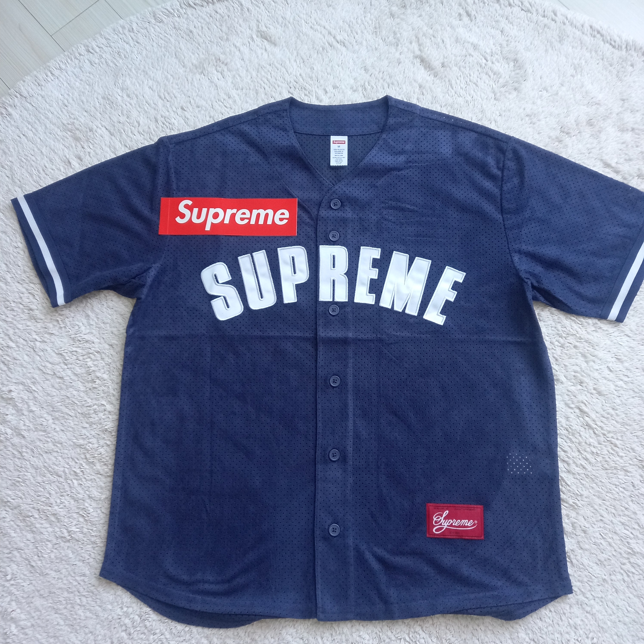 Supreme Ultrasuede Mesh Baseball Jersey Navy - 24SS 착용 스타일 - 1