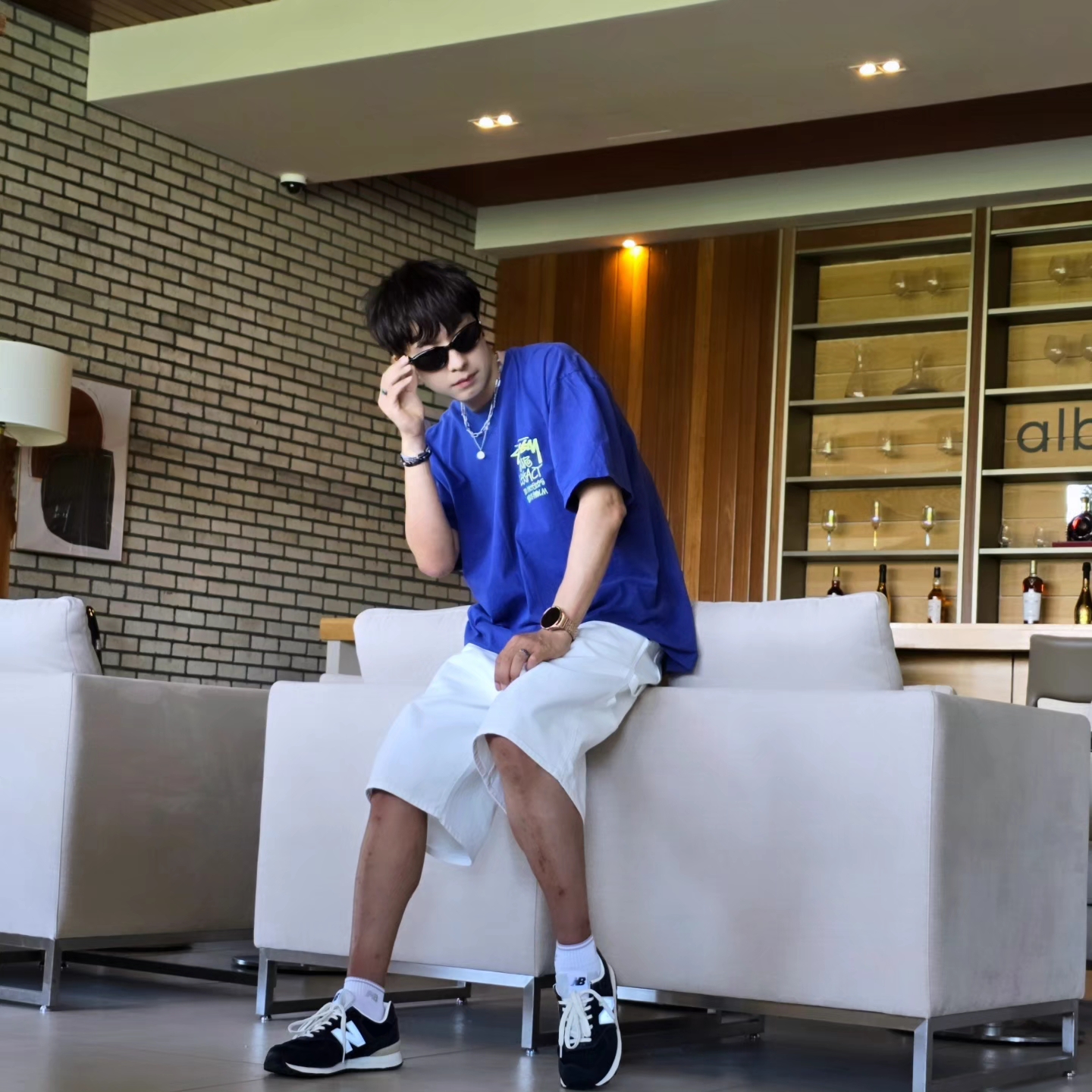 Stussy x Our Legacy Surfman Pigment Dyed T-Shirt Blueberry, New Balance x Pottery 574 Premium Hard Navy 착용 스타일 - 6