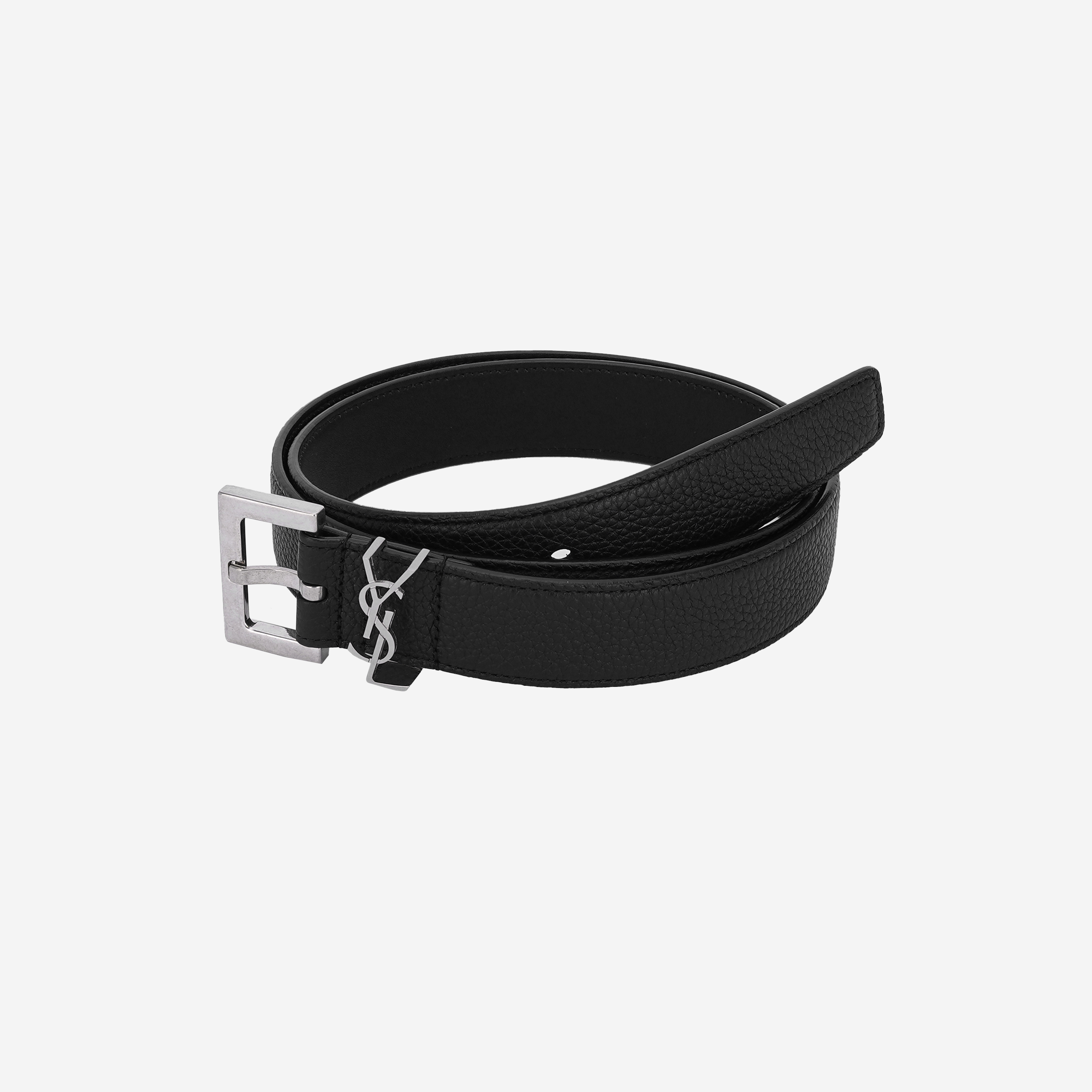 Saint Laurent Grained Leather Silver Monogram Belt Black