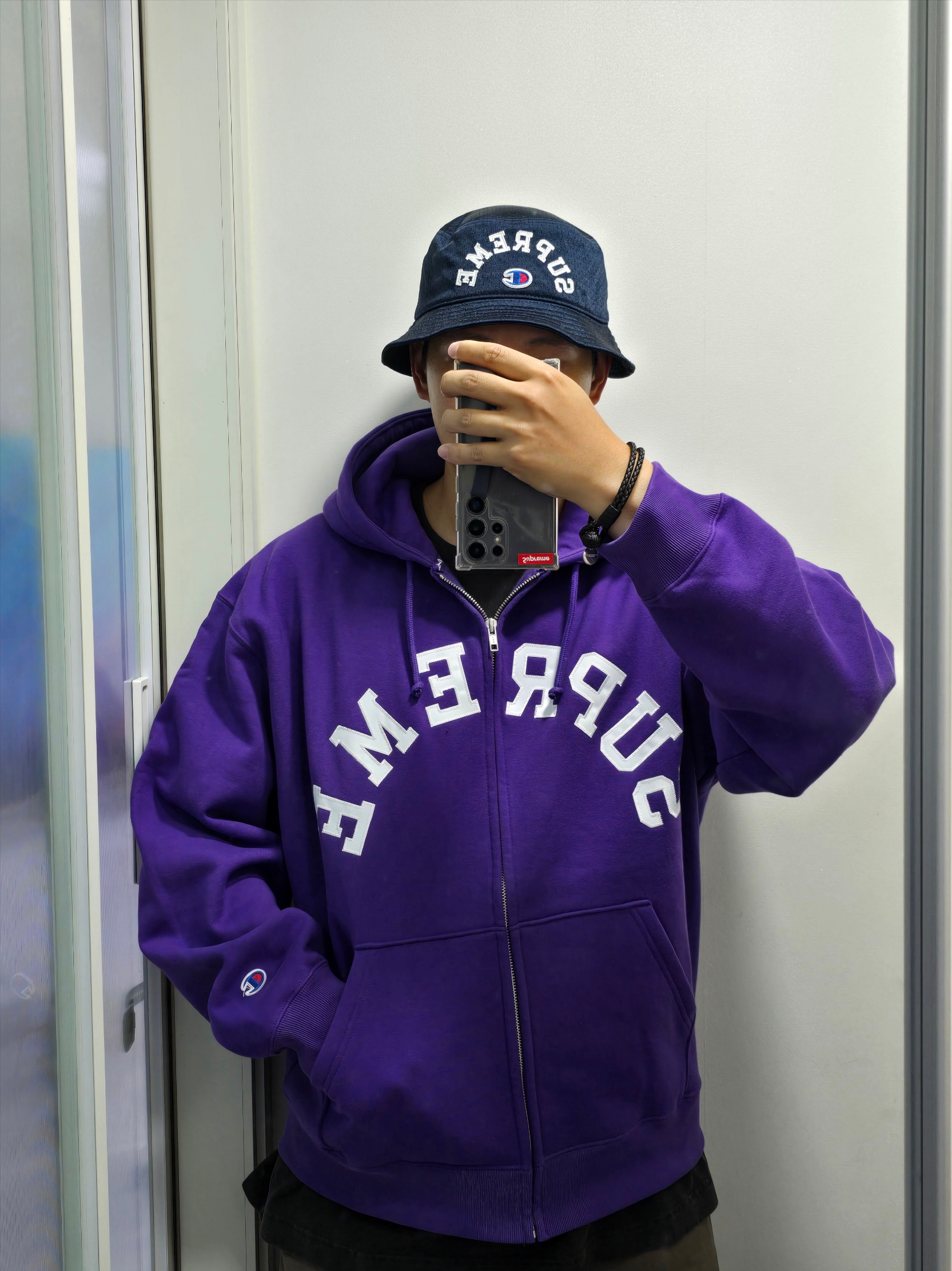 Supreme x Champion Zip Up Hooded Sweatshirt Purple - 24SS, Nike Dunk Low SP Plum 2024 착용 스타일 - 3
