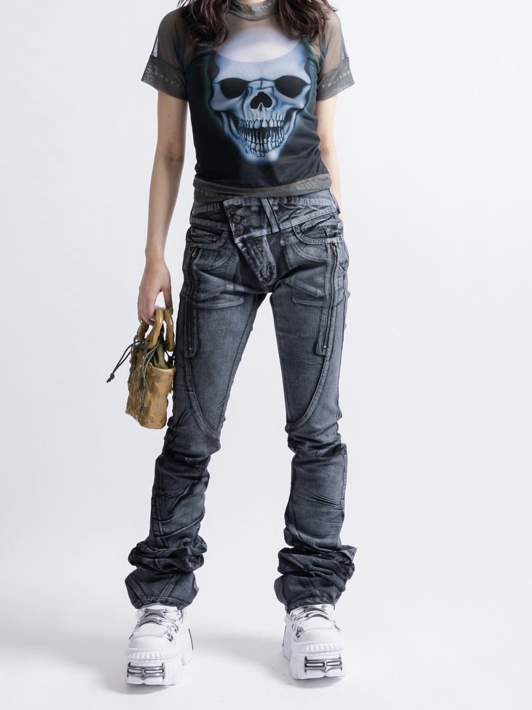 Ottolinger Women Mesh T-Shirt Skull Print, Ottolinger Women Double Fold Pants Black White Paint 착용 스타일 - 1