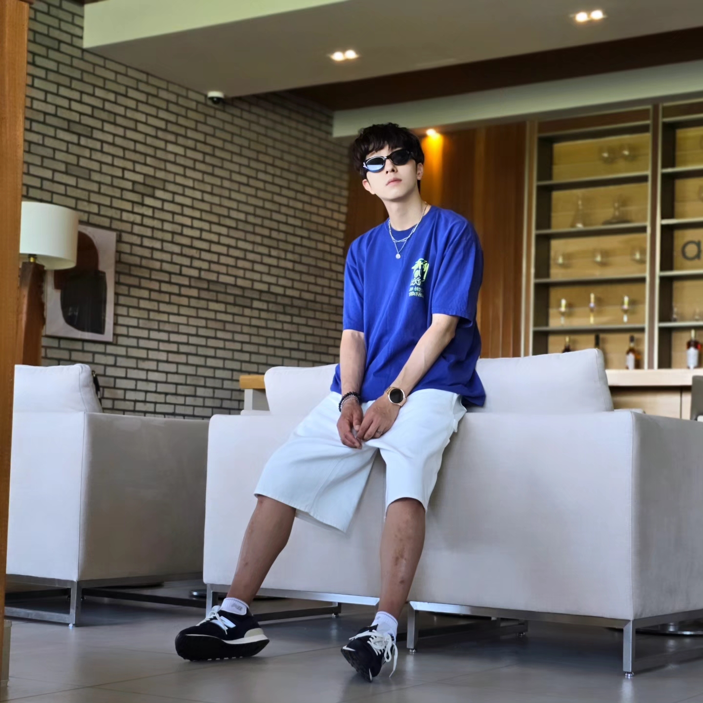 Stussy x Our Legacy Surfman Pigment Dyed T-Shirt Blueberry, New Balance x Pottery 574 Premium Hard Navy 착용 스타일 - 7