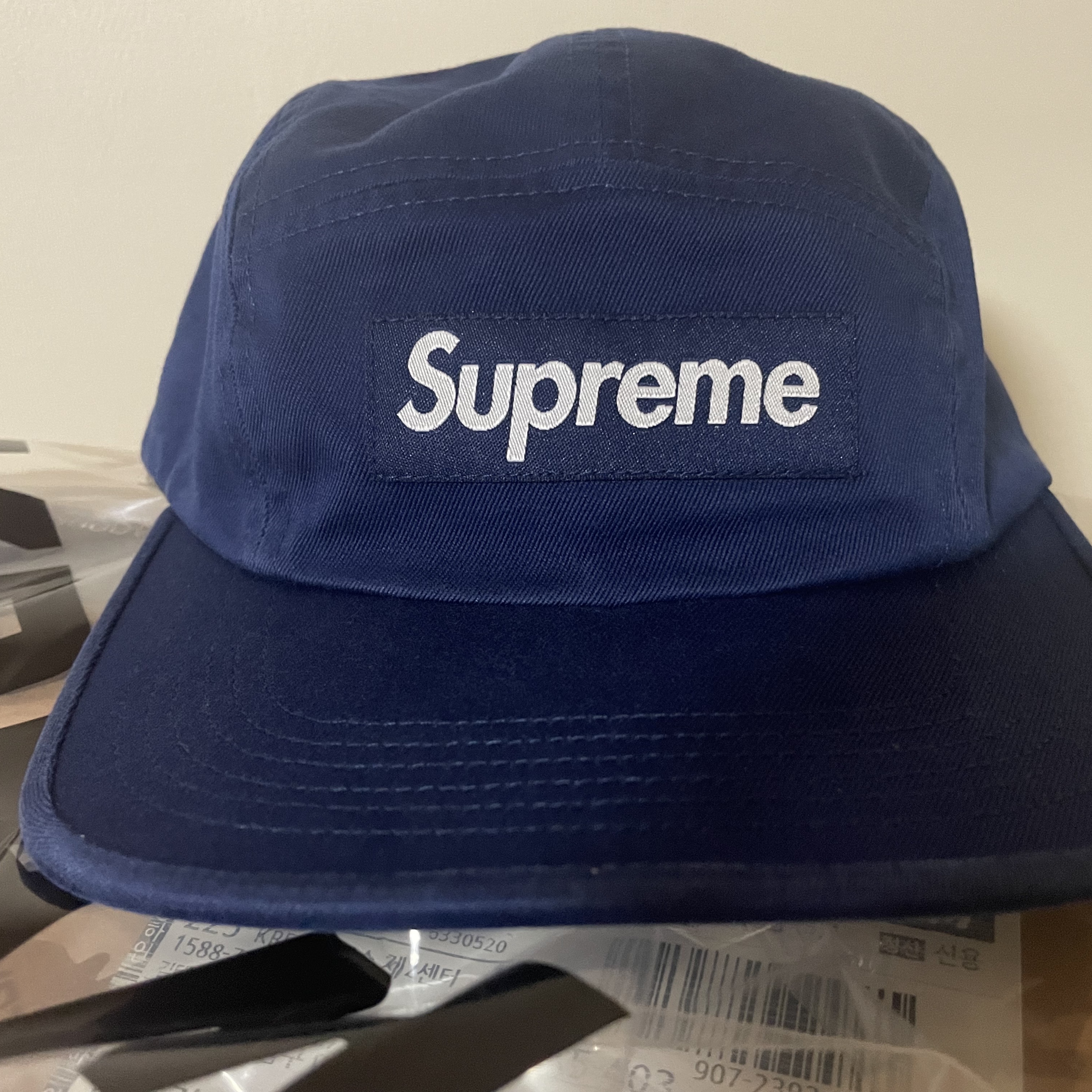 Supreme Washed Chino Twill Camp Cap Navy - 24SS 착용 스타일