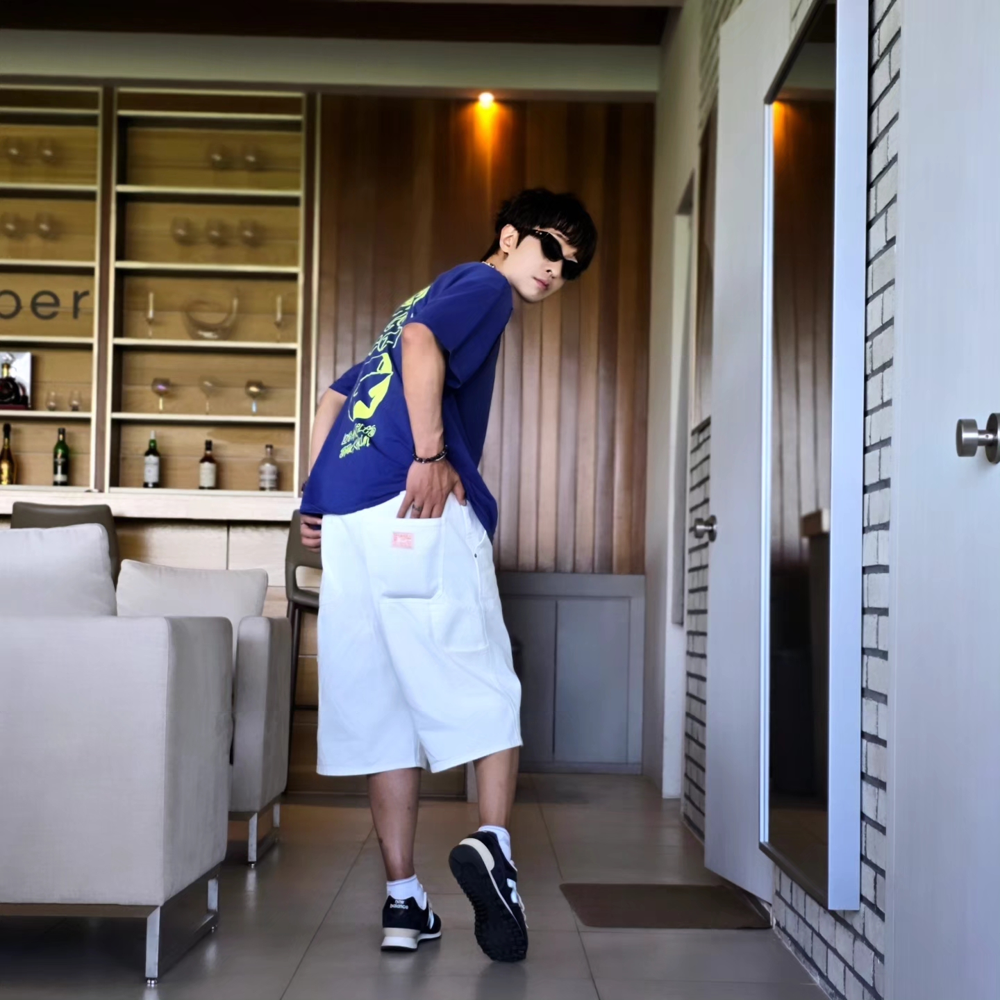 Stussy x Our Legacy Surfman Pigment Dyed T-Shirt Blueberry, New Balance x Pottery 574 Premium Hard Navy 착용 스타일 - 5
