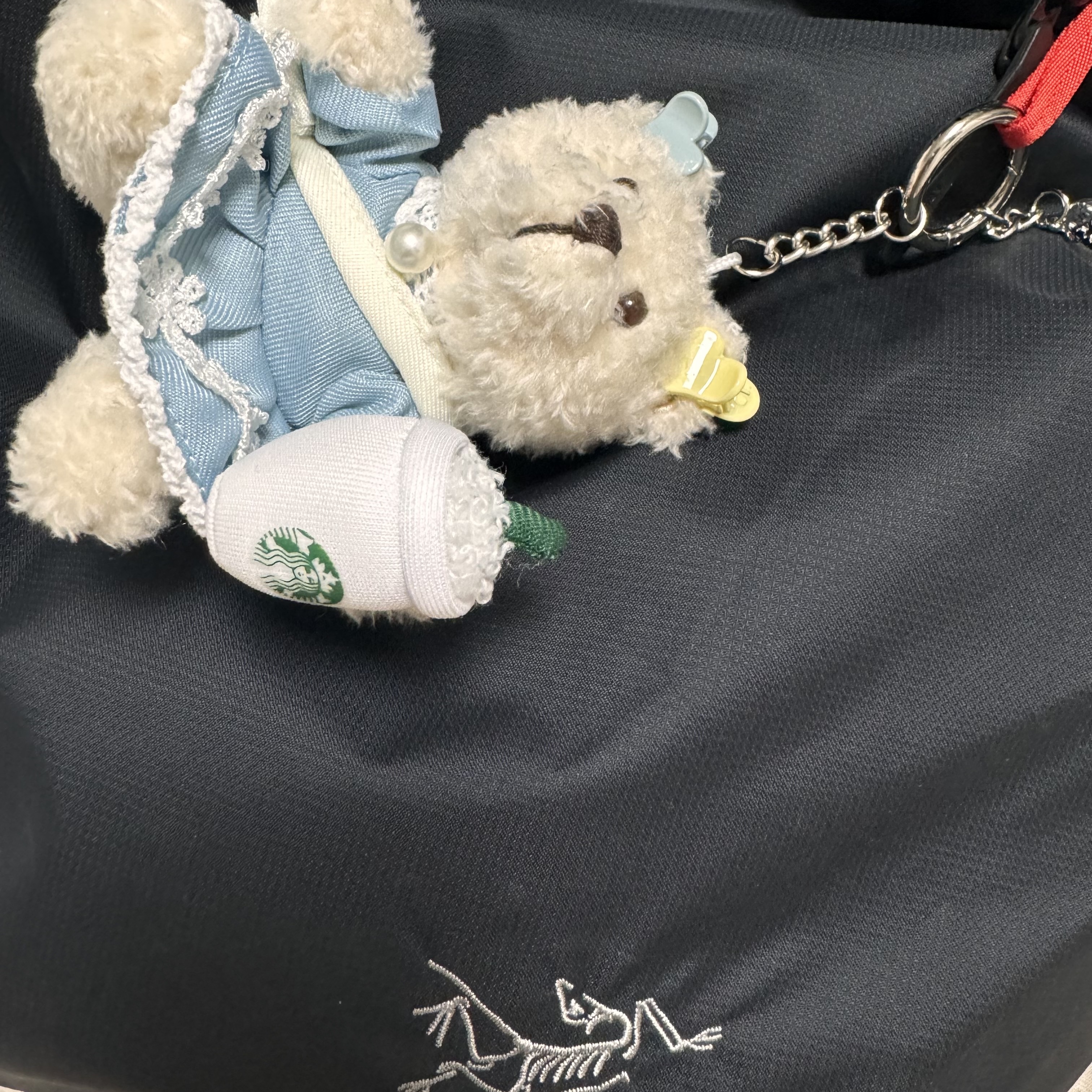 Arc'teryx Heliad 12 Tote Black, Starbucks French Summer Bearista Keychain 착용 스타일